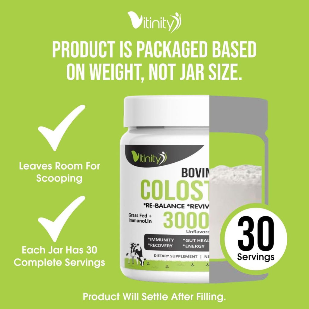 VITINITY Grass Fed Bovine Colostrum Powder for Humans 3000 mg - Natural IgG Colostrum Supplement Gut Health, Immune Support, Muscle Recovery, Wellness | Pure Colostrum Superfood,Unflavored 2 Pack - TrustMedUSA