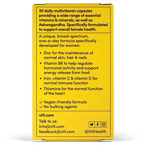 Vitl Female Multivitamin & Minerals Supplement - 30 Vegan Capsules - 21 Essential Active - TrustMedUSA