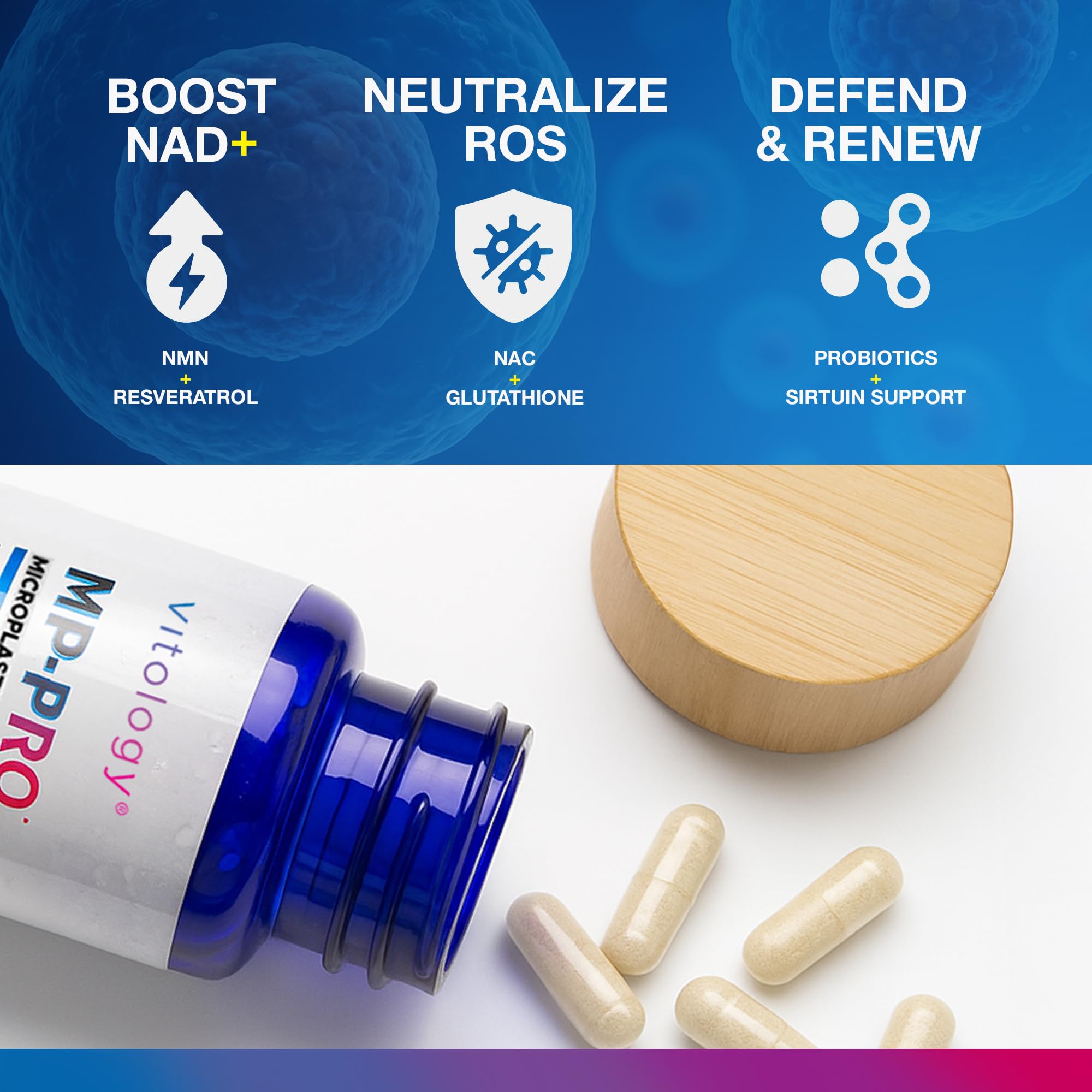 Vitology MP-PRO Microplastics Defense | 15 Billion CFU Probiotic + Antioxidant Blend | NMN, NAC, Glutathione, Resveratrol & Charcoal | Supports Cellular Detox, Longevity & Gut Health – 60 Capsules - TrustMedUSA
