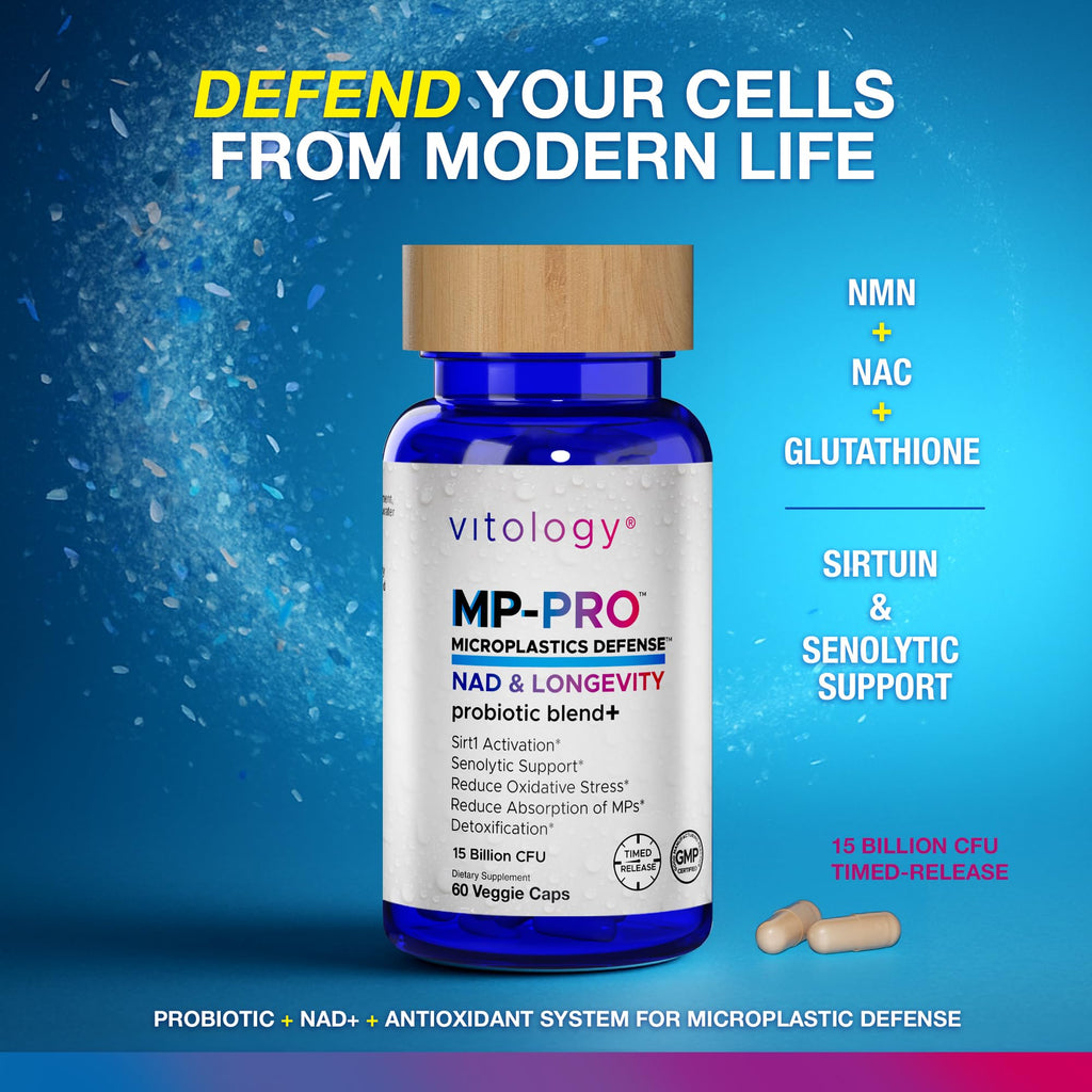 Vitology MP-PRO Microplastics Defense | 15 Billion CFU Probiotic + Antioxidant Blend | NMN, NAC, Glutathione, Resveratrol & Charcoal | Supports Cellular Detox, Longevity & Gut Health – 60 Capsules - TrustMedUSA