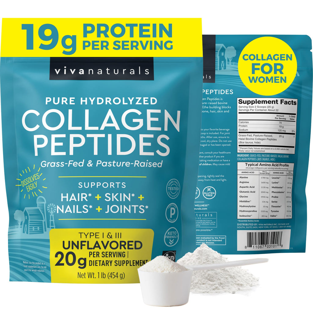 Viva Naturals Collagen Peptides Powder - Grass-Fed Hydrolyzed Bovine, Type I & III - 19 g Protein, Unflavored, Easy Dissolving - Joint, Skin, Hair & Nail Support - Paleo, Keto, Non-GMO - 1lb - Maple Wellness Supplements