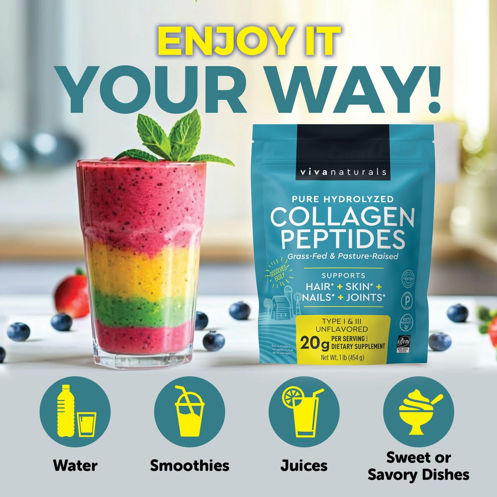 Viva Naturals Collagen Peptides Powder - Grass-Fed Hydrolyzed Bovine, Type I & III - 19 g Protein, Unflavored, Easy Dissolving - Joint, Skin, Hair & Nail Support - Paleo, Keto, Non-GMO - 1lb - Maple Wellness Supplements