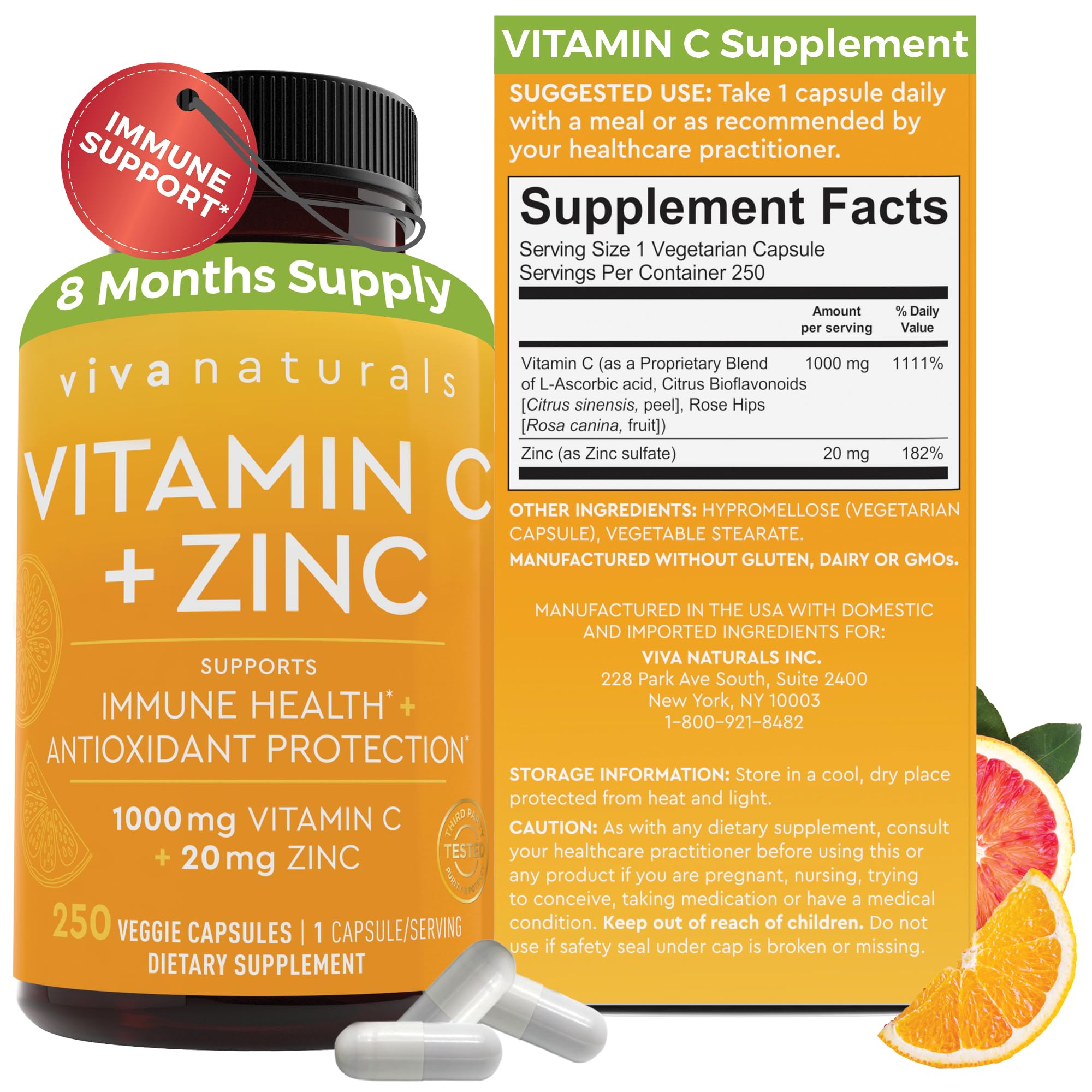 Viva Naturals Vitamin C and Zinc Supplement (250 Capsules) - 1000 mg Vitamin C with Zinc 20 mg Antioxidant Supplements for Immune Support, Vitamin Supplement for Adults - TrustMedUSA