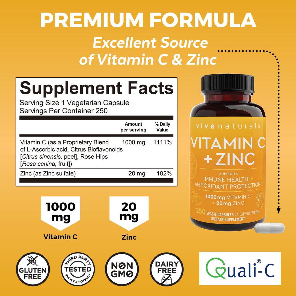 Viva Naturals Vitamin C and Zinc Supplement (250 Capsules) - 1000 mg Vitamin C with Zinc 20 mg Antioxidant Supplements for Immune Support, Vitamin Supplement for Adults - TrustMedUSA