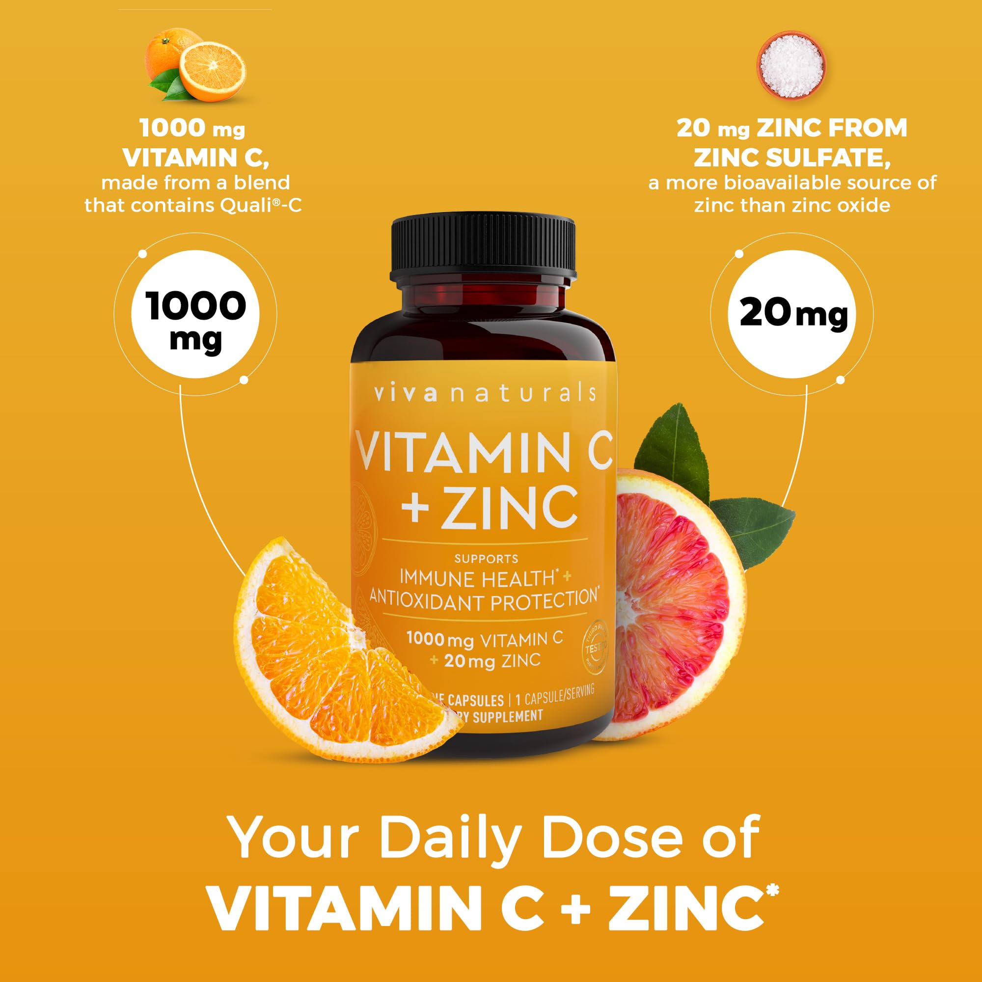 Viva Naturals Vitamin C and Zinc Supplement (250 Capsules) - 1000 mg Vitamin C with Zinc 20 mg Antioxidant Supplements for Immune Support, Vitamin Supplement for Adults - TrustMedUSA