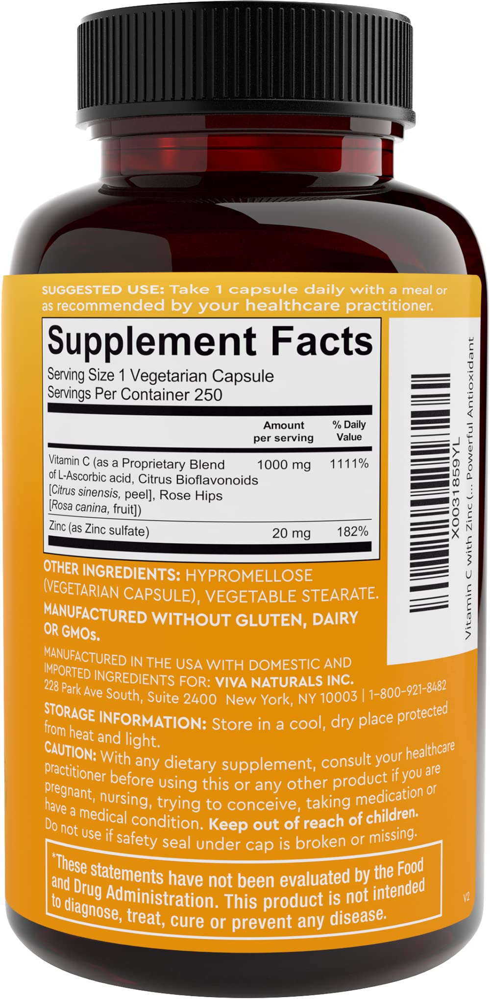 Viva Naturals Vitamin C and Zinc Supplement (250 Capsules) - 1000 mg Vitamin C with Zinc 20 mg Antioxidant Supplements for Immune Support, Vitamin Supplement for Adults - TrustMedUSA