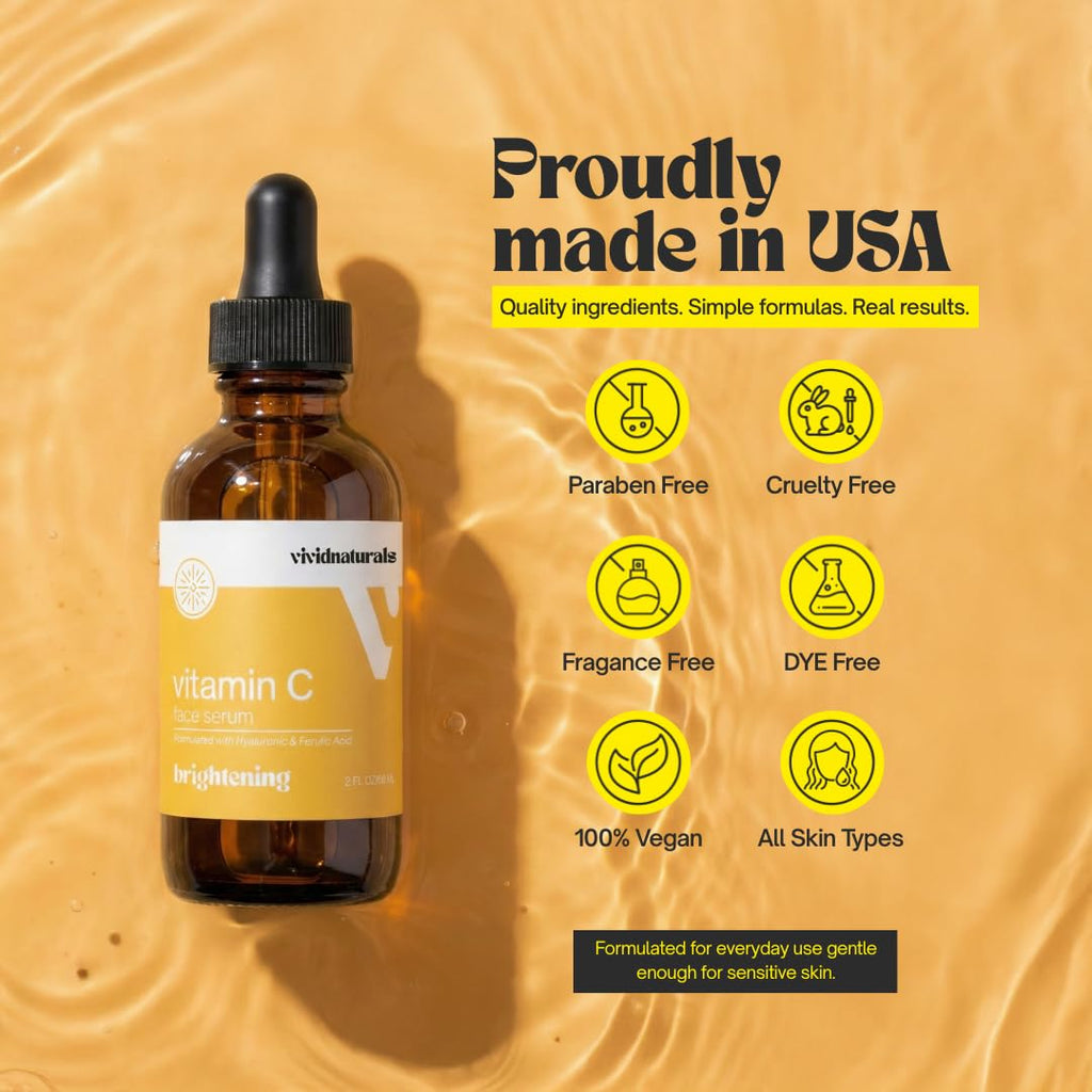 Vivid Naturals Vitamin C Serum For Face With Hyaluronic and Ferulic Acid 60ml Made In USA - Lightweight Non-Sticky Vit C Serum Face for Hydrating Brighter Smooth Fresh Skin Glow Fast Absorbing - Maple Wellness Supplements