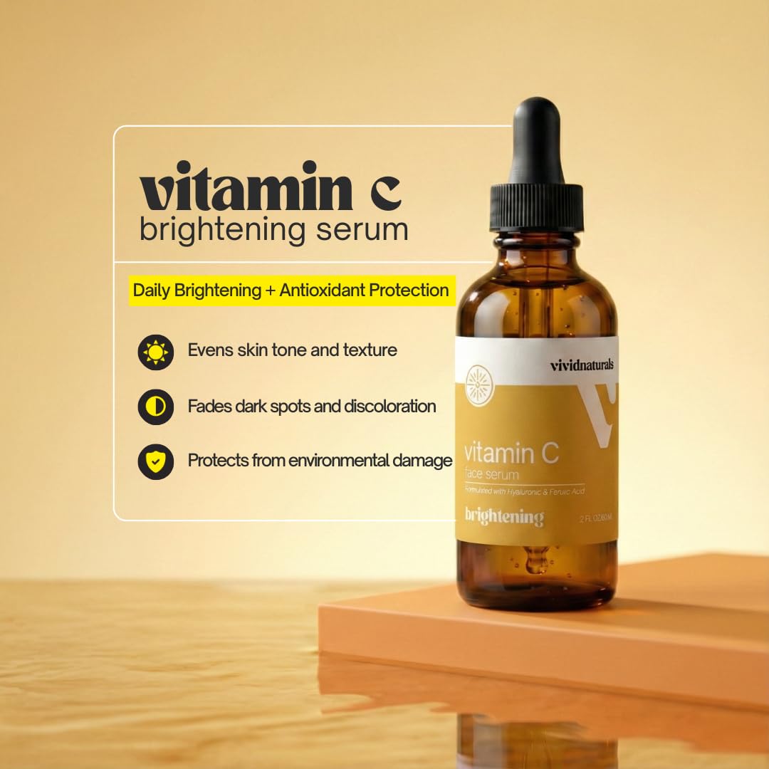 Vivid Naturals Vitamin C Serum For Face With Hyaluronic and Ferulic Acid 60ml Made In USA - Lightweight Non-Sticky Vit C Serum Face for Hydrating Brighter Smooth Fresh Skin Glow Fast Absorbing - Maple Wellness Supplements