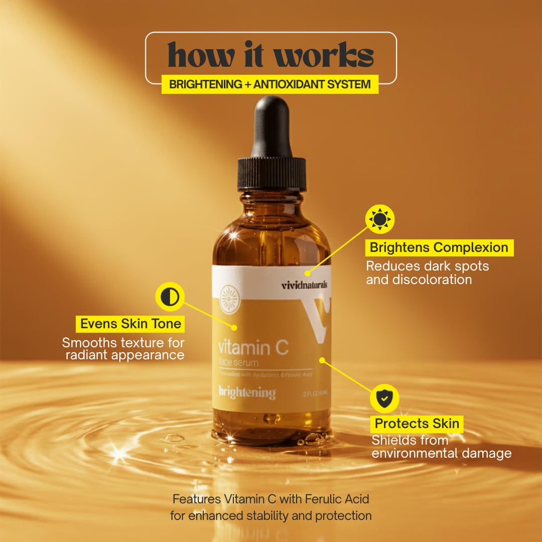 Vivid Naturals Vitamin C Serum For Face With Hyaluronic and Ferulic Acid 60ml Made In USA - Lightweight Non-Sticky Vit C Serum Face for Hydrating Brighter Smooth Fresh Skin Glow Fast Absorbing - Maple Wellness Supplements
