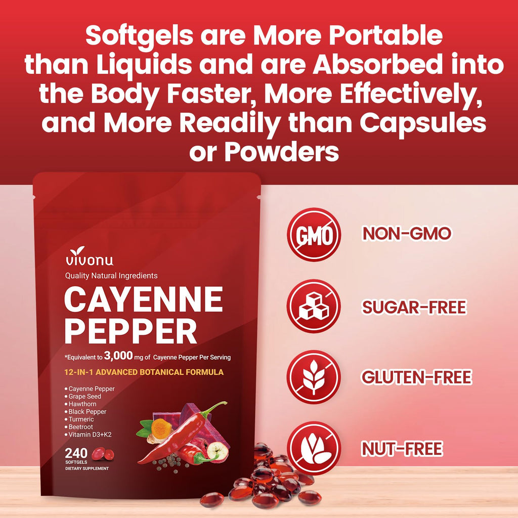 VivoNu Cayenne Pepper Softgels Supplement, Supports Leg Vein, Heart and Blood Vessel Health, with Vitamin E D3+K2 and Extracts of Grape Seed, Hawthorn - TrustMedUSA