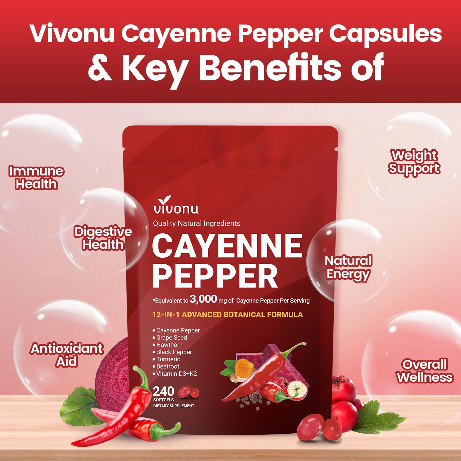VivoNu Cayenne Pepper Softgels Supplement, Supports Leg Vein, Heart and Blood Vessel Health, with Vitamin E D3+K2 and Extracts of Grape Seed, Hawthorn - TrustMedUSA
