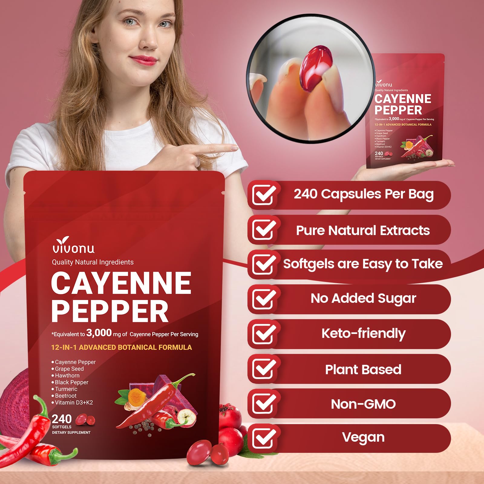 VivoNu Cayenne Pepper Softgels Supplement, Supports Leg Vein, Heart and Blood Vessel Health, with Vitamin E D3+K2 and Extracts of Grape Seed, Hawthorn - TrustMedUSA