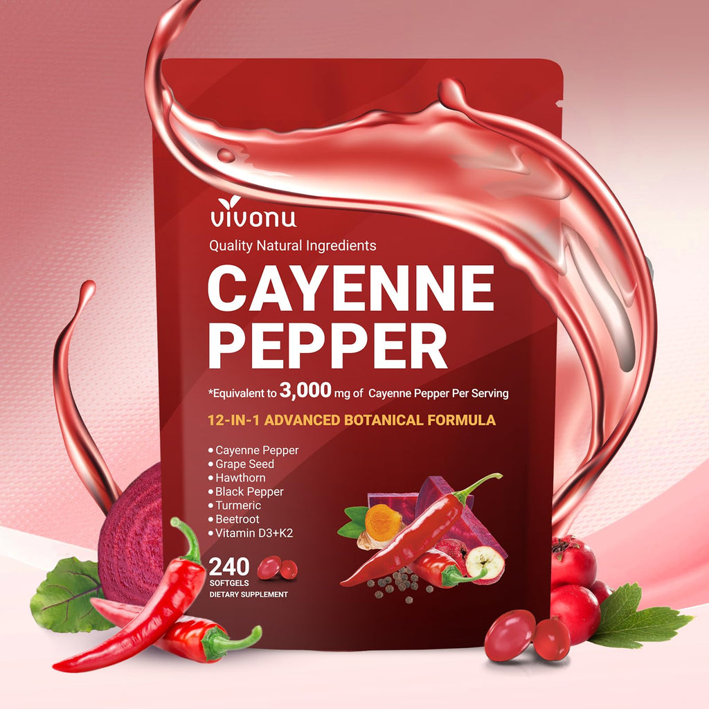 VivoNu Cayenne Pepper Softgels Supplement, Supports Leg Vein, Heart and Blood Vessel Health, with Vitamin E D3+K2 and Extracts of Grape Seed, Hawthorn - TrustMedUSA