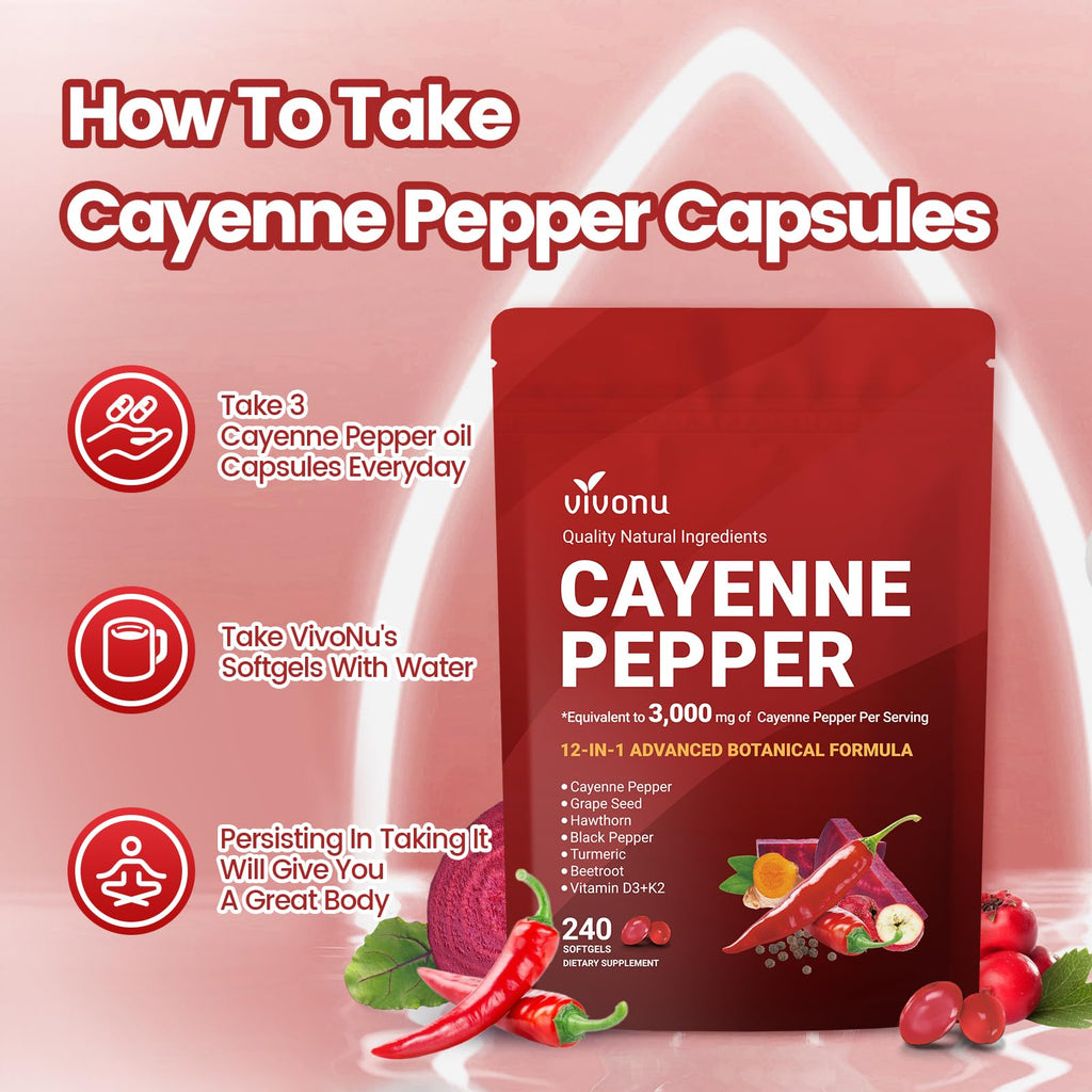 VivoNu Cayenne Pepper Softgels Supplement, Supports Leg Vein, Heart and Blood Vessel Health, with Vitamin E D3+K2 and Extracts of Grape Seed, Hawthorn - TrustMedUSA