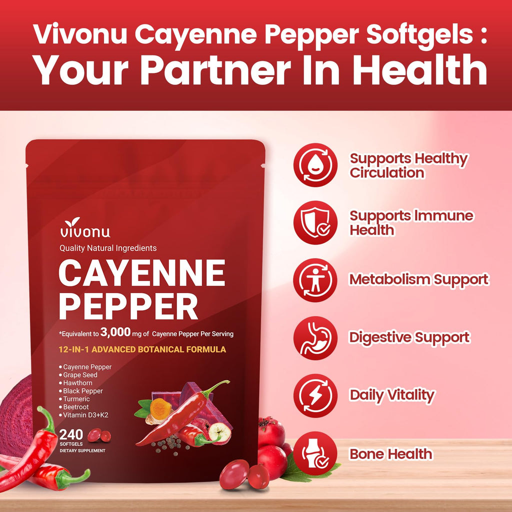 VivoNu Cayenne Pepper Softgels Supplement, Supports Leg Vein, Heart and Blood Vessel Health, with Vitamin E D3+K2 and Extracts of Grape Seed, Hawthorn - TrustMedUSA