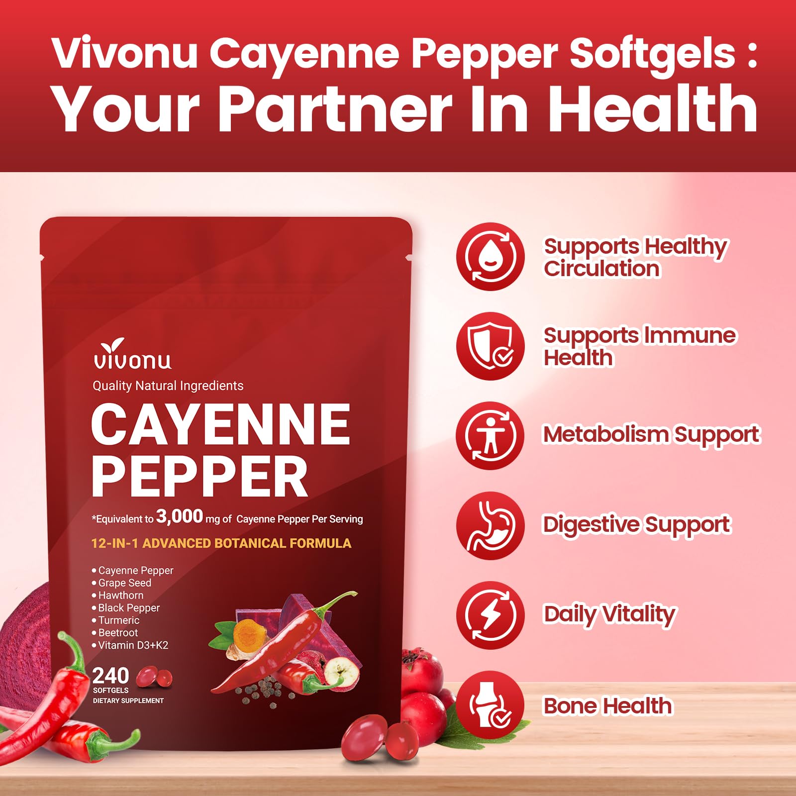 VivoNu Cayenne Pepper Softgels Supplement, Supports Leg Vein, Heart and Blood Vessel Health, with Vitamin E D3+K2 and Extracts of Grape Seed, Hawthorn - TrustMedUSA