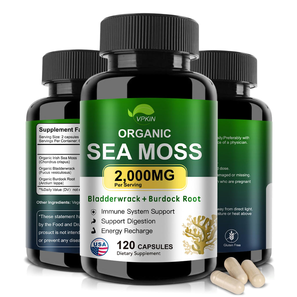 VPKIN Organic Sea Moss Capsules with Bladderwrack,Burdock Root and Black Pepper Extract-Irish SeaMoss Pills 2000mg-Promotes Immune System,Thyroid Support(120 Capsules) - TrustMedUSA