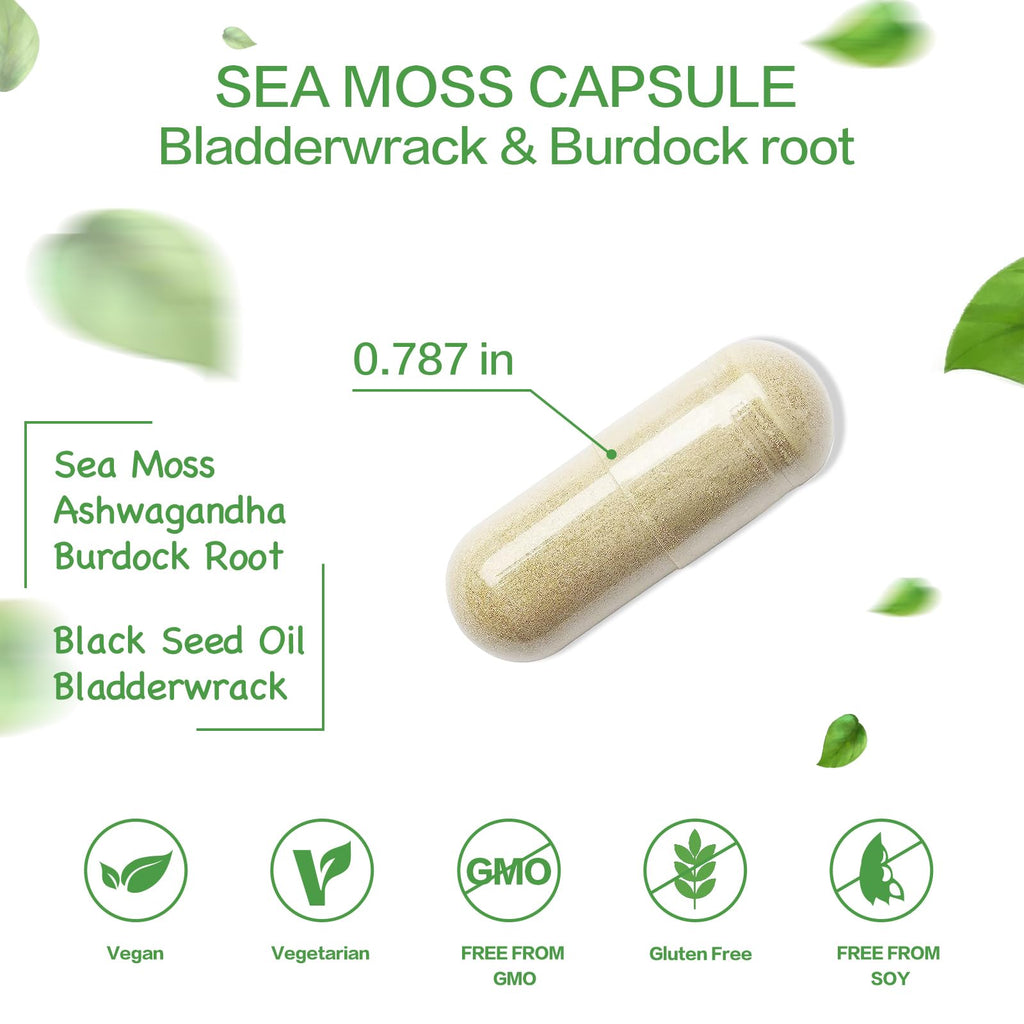 VPKIN Organic Sea Moss Capsules with Bladderwrack,Burdock Root and Black Pepper Extract-Irish SeaMoss Pills 2000mg-Promotes Immune System,Thyroid Support(120 Capsules) - TrustMedUSA