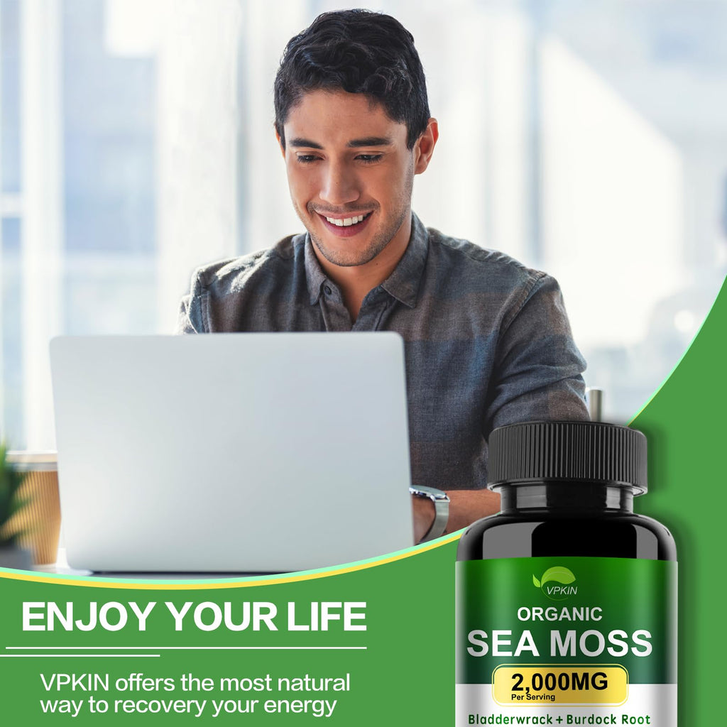 VPKIN Organic Sea Moss Capsules with Bladderwrack,Burdock Root and Black Pepper Extract-Irish SeaMoss Pills 2000mg-Promotes Immune System,Thyroid Support(120 Capsules) - TrustMedUSA