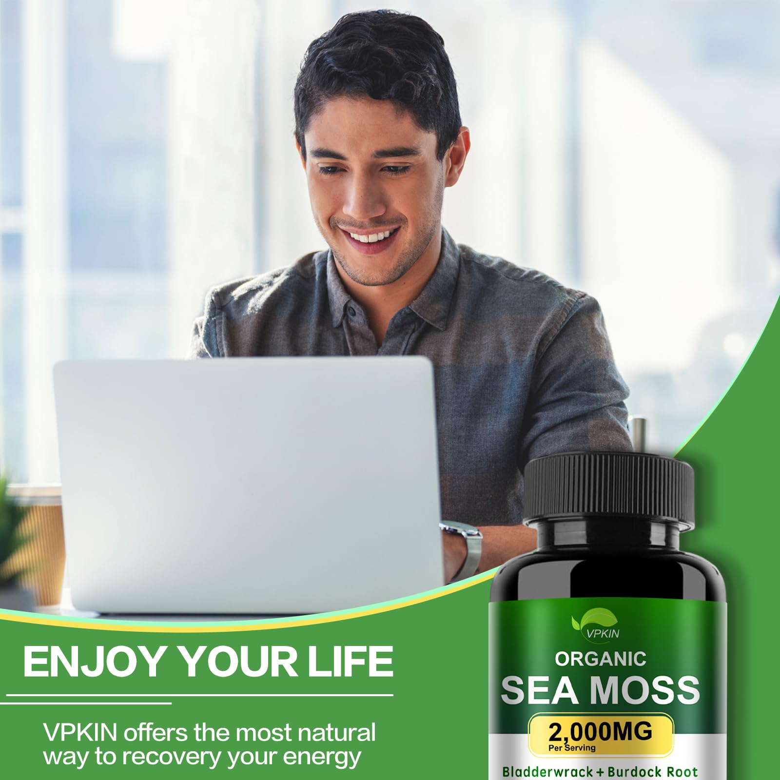 VPKIN Organic Sea Moss Capsules with Bladderwrack,Burdock Root and Black Pepper Extract-Irish SeaMoss Pills 2000mg-Promotes Immune System,Thyroid Support(120 Capsules) - TrustMedUSA