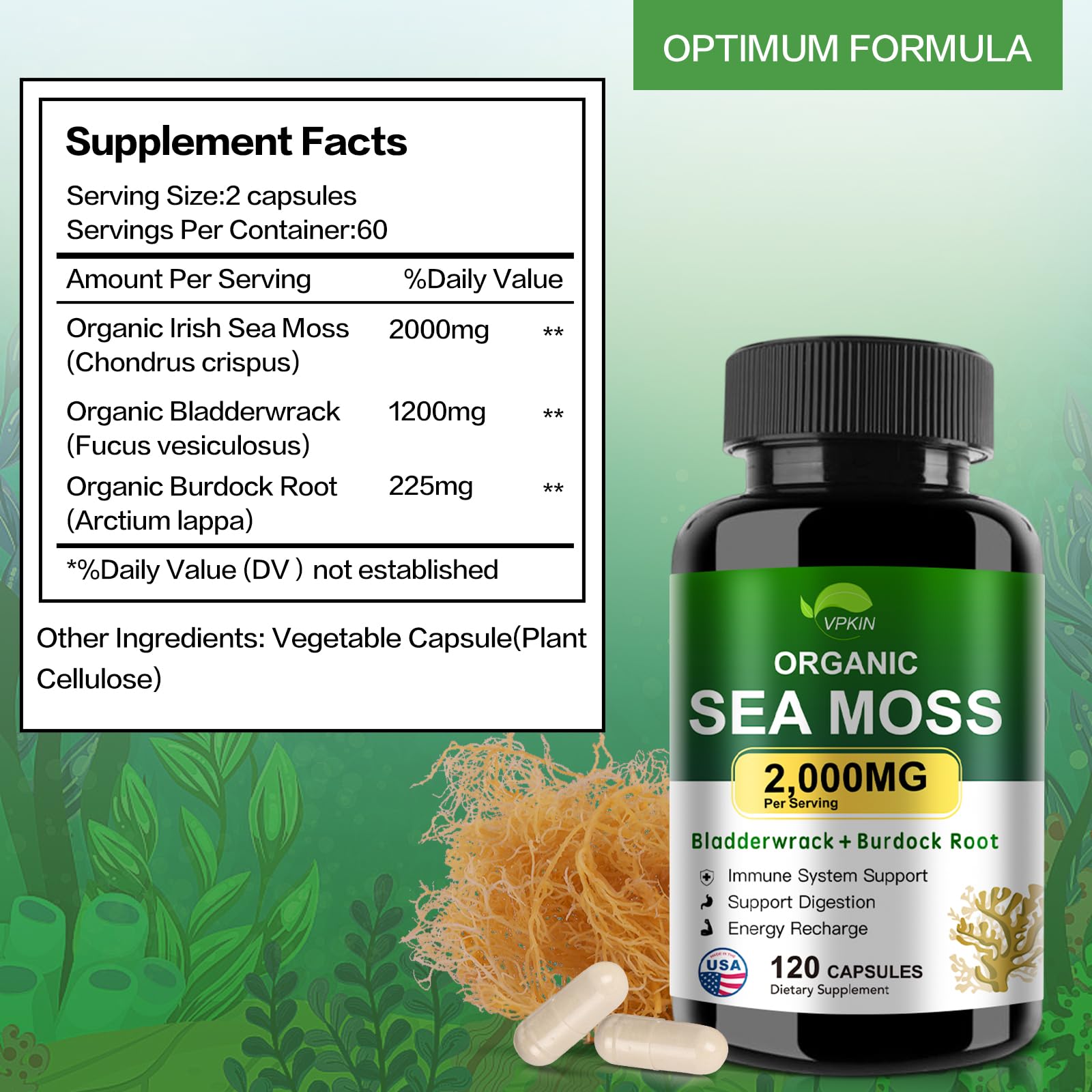 VPKIN Organic Sea Moss Capsules with Bladderwrack,Burdock Root and Black Pepper Extract-Irish SeaMoss Pills 2000mg-Promotes Immune System,Thyroid Support(120 Capsules) - TrustMedUSA