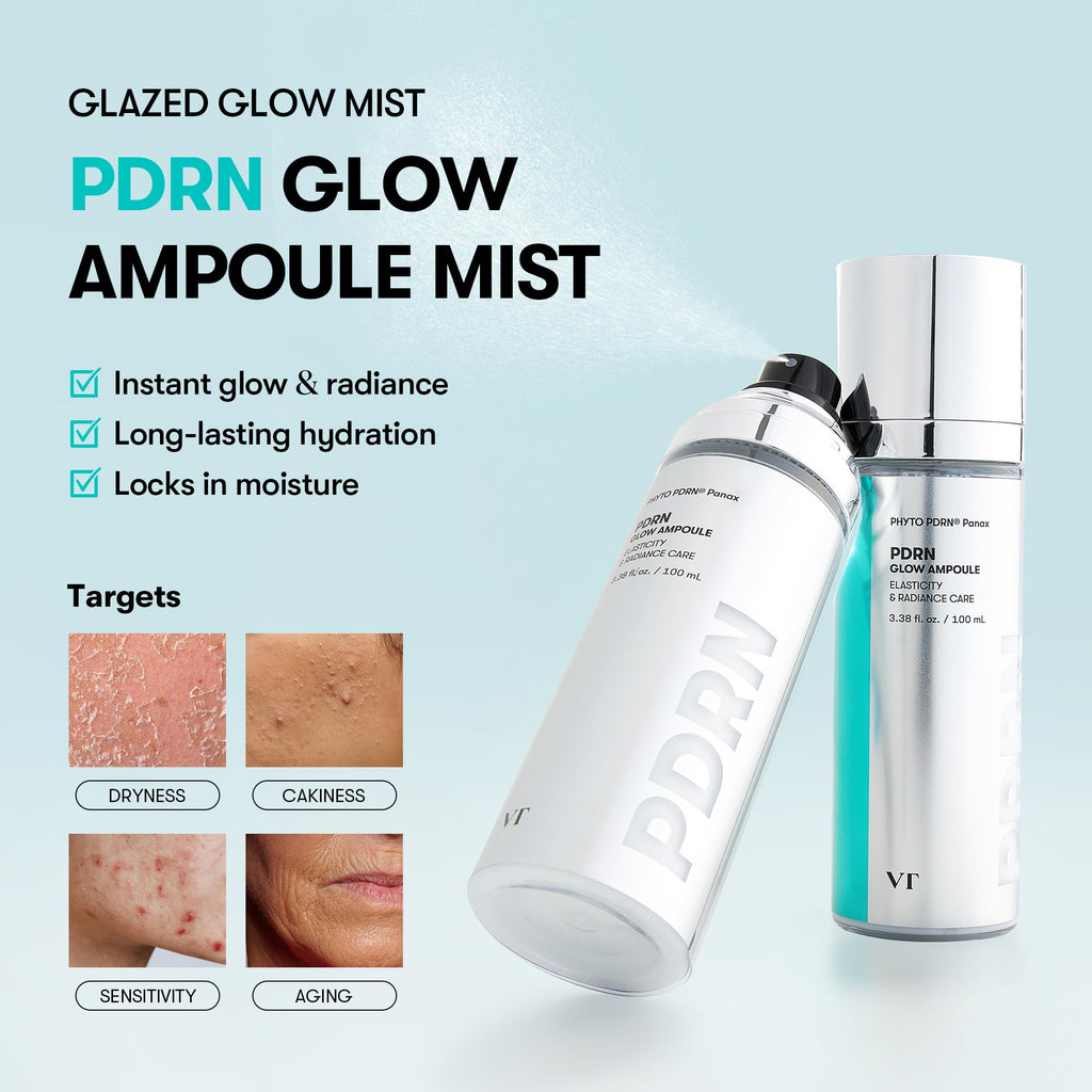 VT COSMETICS PDRN Glow Ampoule, PDRN Facial Mist, Deep Hydration Spray Serum, Vegan Skin Care, Light-weight Face Moisturizer, Plumping Effect, Fragrance-Free, Korean SkinCare (3.38 fl oz / 100 ml) - TrustMedUSA