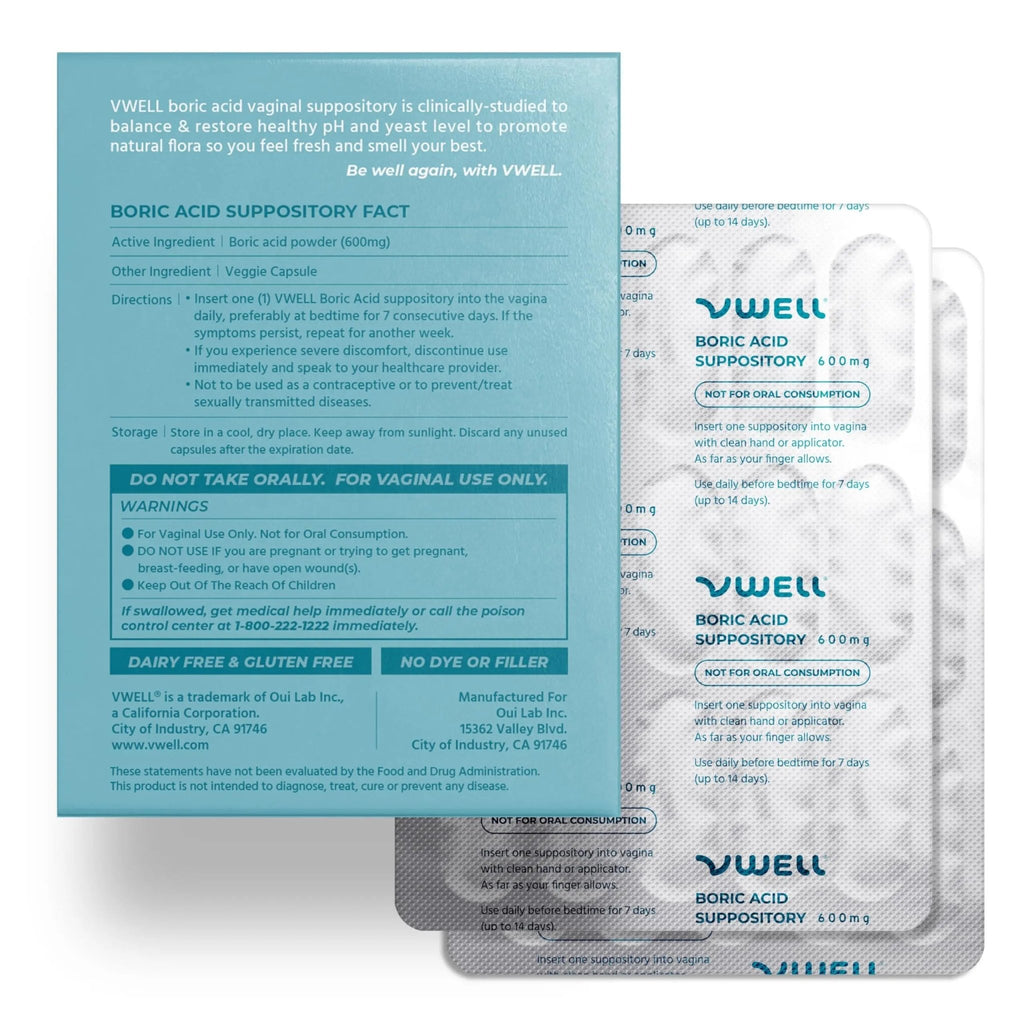 VWELL Boric Acid Vaginal Suppositories - Homeopathic Solution Maintains and Balances Healthy Vaginal pH & Microbiome Intimacy - Doctors Recommended (One Size, 30, Count) - TrustMedUSA