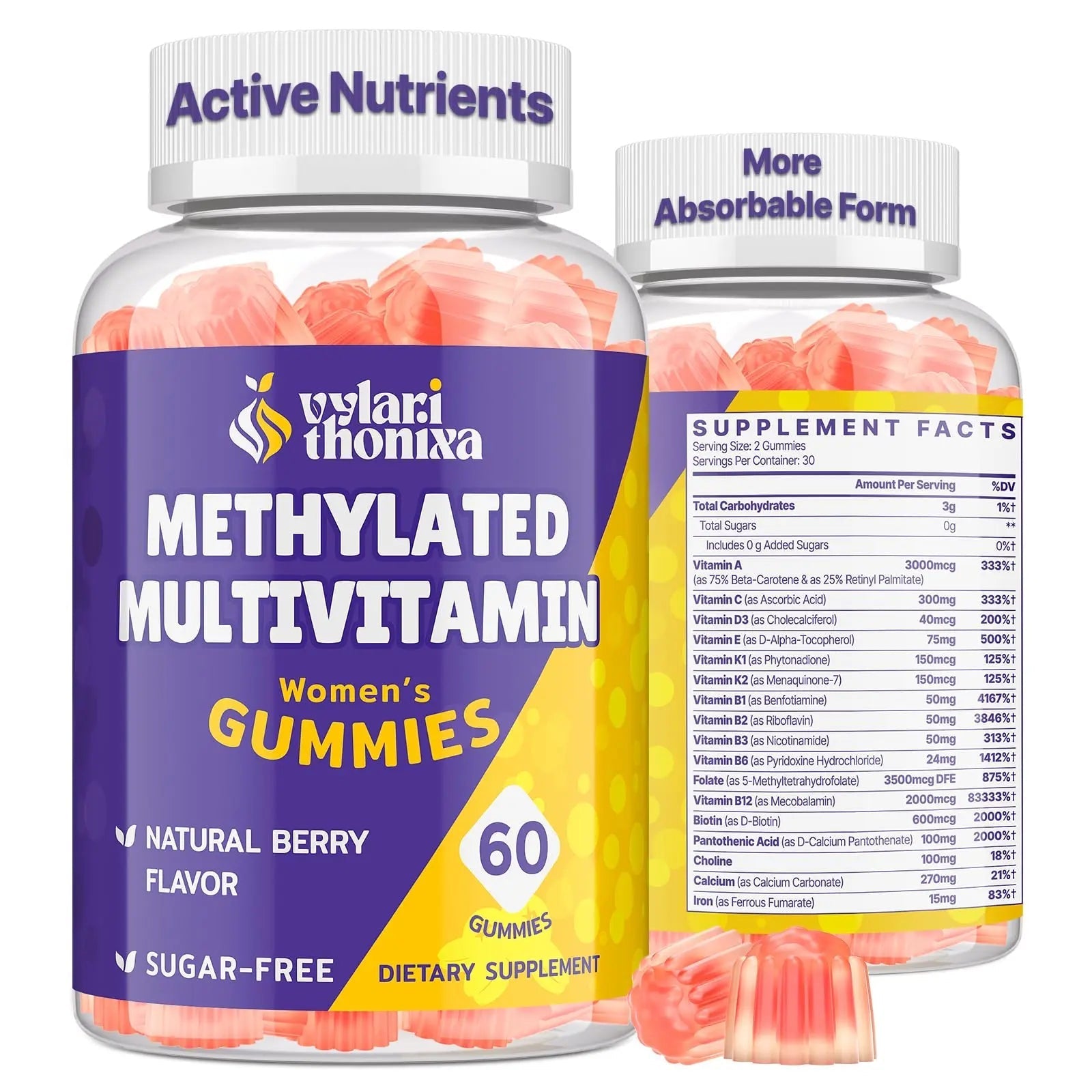 Vylarithonixa Methylated Multivitamin Gummies for Women – MTHFR Supplement Contains Methylfolate, Methylated B12, TMG & Vitamins A C E K – Energy, Immune & Skin Support - TrustMedUSA