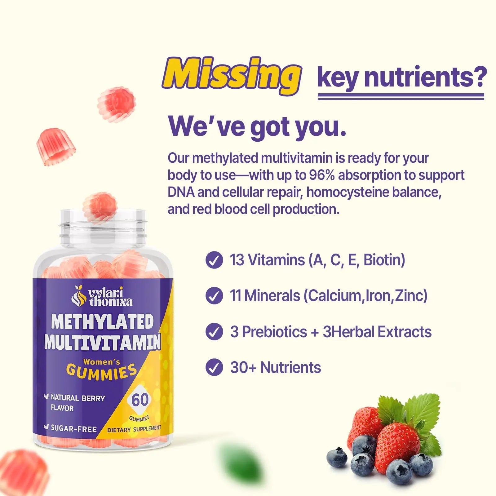 Vylarithonixa Methylated Multivitamin Gummies for Women – MTHFR Supplement Contains Methylfolate, Methylated B12, TMG & Vitamins A C E K – Energy, Immune & Skin Support - TrustMedUSA