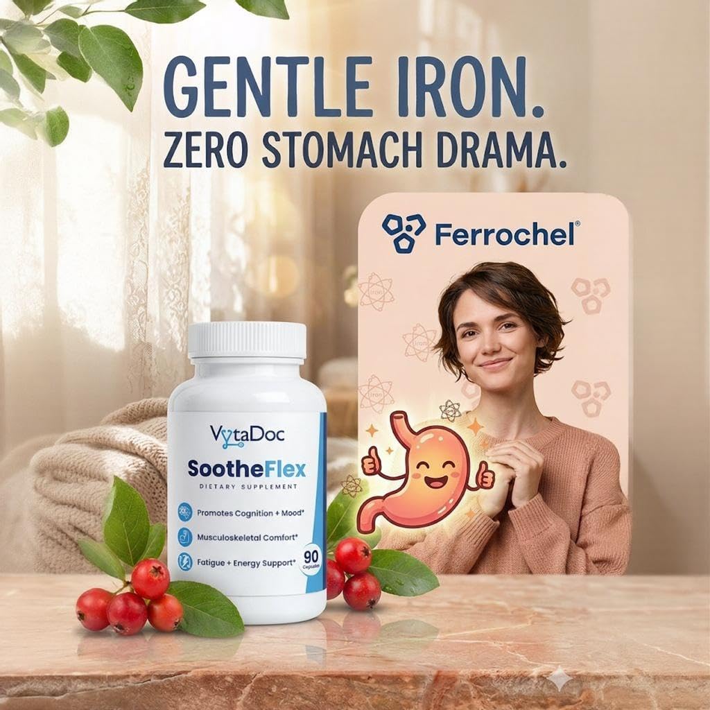 VytaDoc SootheFlex Joint, Energy & Mood Support for Women | Turmeric 900mg, Ferrochel® Iron, Magnesium Malate, Vitamin D3, Ginger, Selenium | 90 Capsules | Gentle Iron — Easy on Digestion - TrustMedUSA