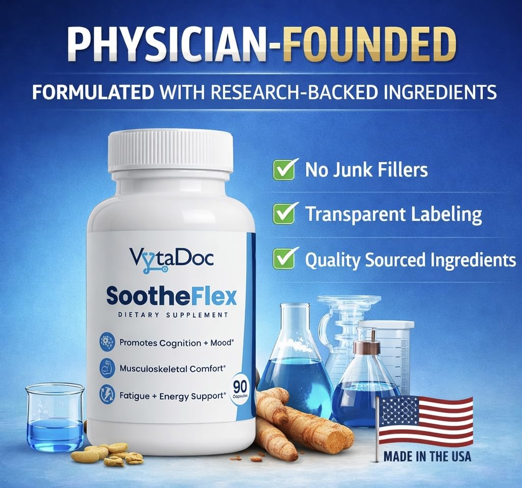 VytaDoc SootheFlex Joint, Energy & Mood Support for Women | Turmeric 900mg, Ferrochel® Iron, Magnesium Malate, Vitamin D3, Ginger, Selenium | 90 Capsules | Gentle Iron — Easy on Digestion - TrustMedUSA