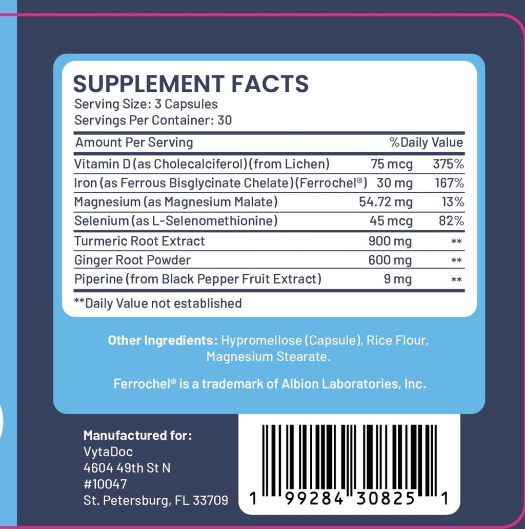 VytaDoc SootheFlex Joint, Energy & Mood Support for Women | Turmeric 900mg, Ferrochel® Iron, Magnesium Malate, Vitamin D3, Ginger, Selenium | 90 Capsules | Gentle Iron — Easy on Digestion - TrustMedUSA
