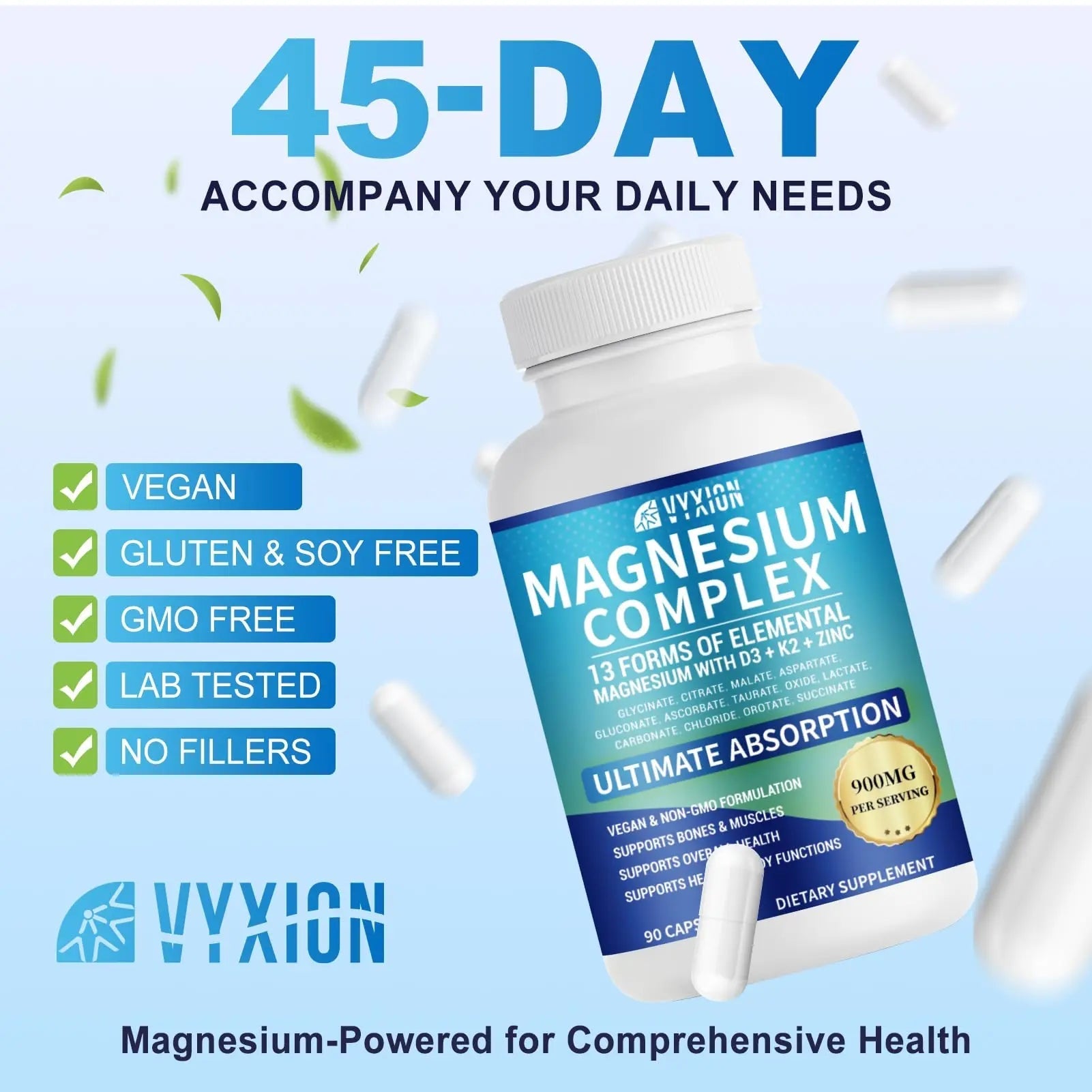 VYXION Magnesium Complex 900mg per Serving – High Absorption Magnesium Glycinate with Vitamin D3 K2 Zinc & B Vitamins – Sleep, Calm, Muscle & Nerve Support – 90 Capsules - TrustMedUSA