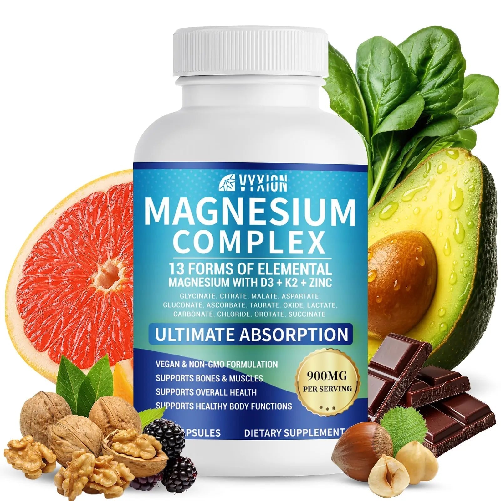 VYXION Magnesium Complex 900mg per Serving – High Absorption Magnesium Glycinate with Vitamin D3 K2 Zinc & B Vitamins – Sleep, Calm, Muscle & Nerve Support – 90 Capsules - TrustMedUSA