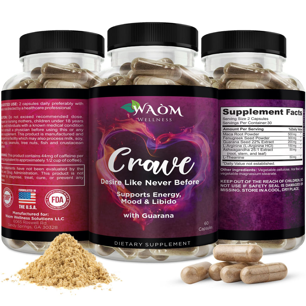 Waòm Wellness Crave – Women’s Desire Booster with Maca, Ashwagandha & L-Theanine – Natural Energy, Mood & Hormone Balance Support – 60 Vegan Capsules - TrustMedUSA