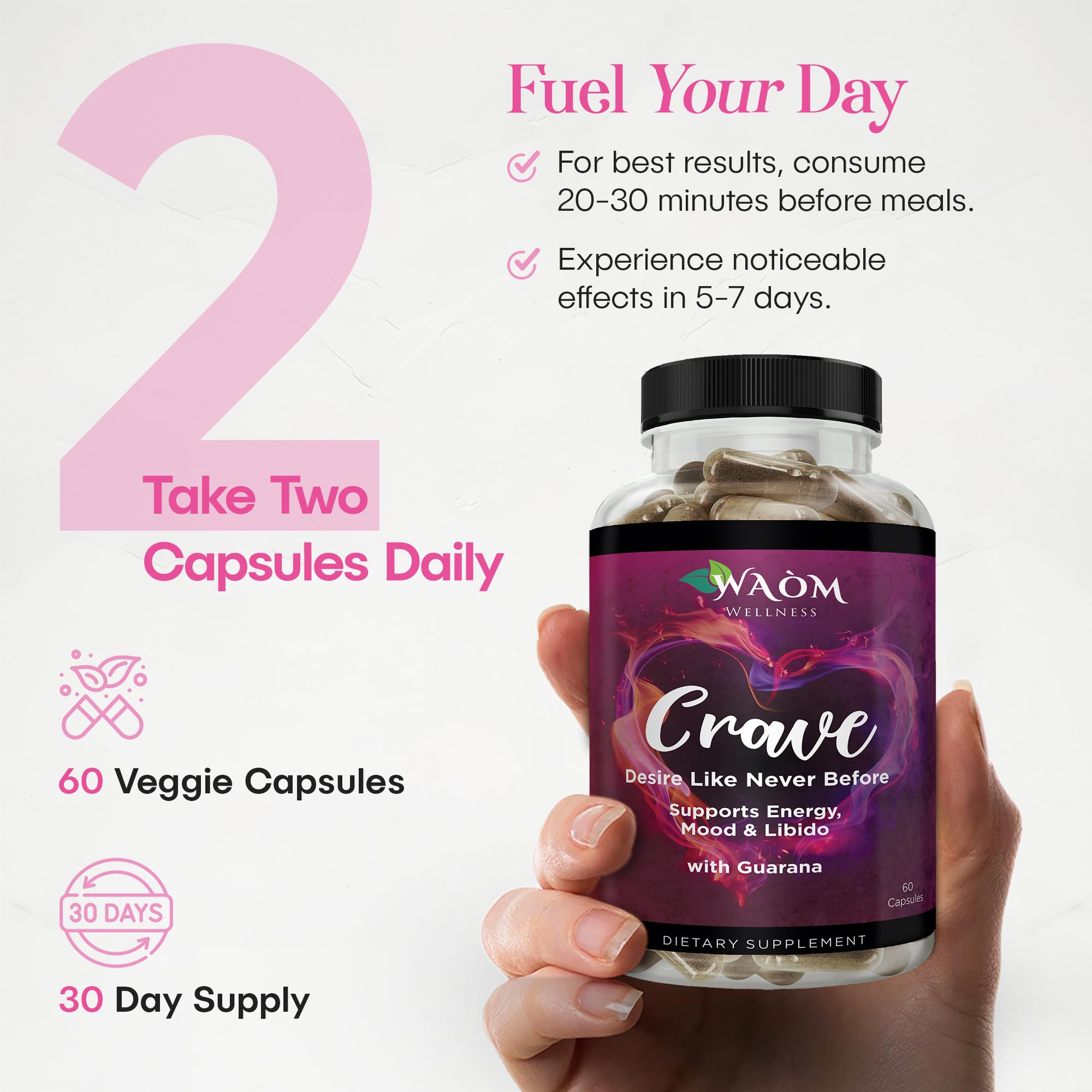 Waòm Wellness Crave – Women’s Desire Booster with Maca, Ashwagandha & L-Theanine – Natural Energy, Mood & Hormone Balance Support – 60 Vegan Capsules - TrustMedUSA