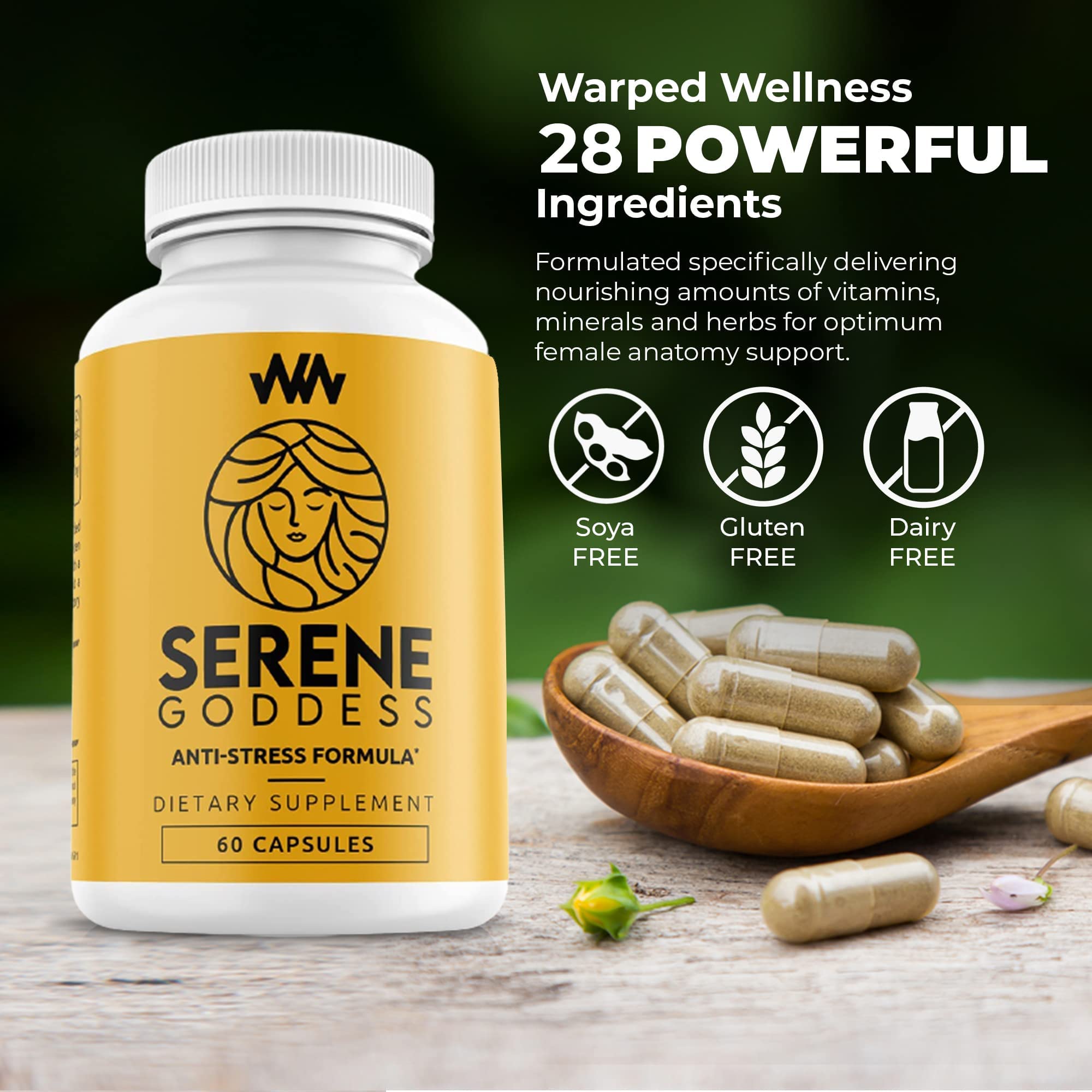 Warped Wellness Womens Supplement That Boosts Mood, Helps Relax The Mind & Body, Relieves Tension & Worries| Magnolia Bark for Female Specific Help| Serene Goddess | Vitamin Helps Boost Mood - TrustMedUSA