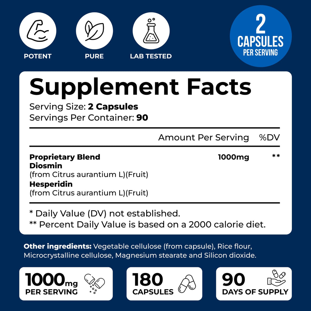 We Like Vitamins Diosmin Hesperidin 1000mg – 180 Capsules – 90 Day Supply - Diosmin and Hesperidin Supplement – Helps to Support Healthy Circulation, - TrustMedUSA