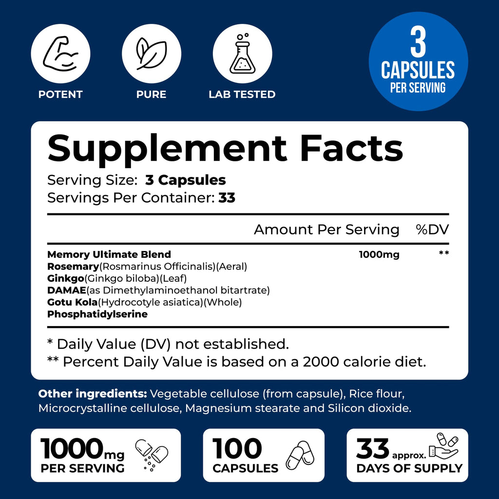 We Like Vitamins Phosphatidylserine Supplement with Gingko Biloba, Gotu Kola, DMAE - Improves Focus, Memory, Cognitive Function - Soy-Free 1000mg Memory Ultimate Complex - 100 Easy-to-Swallow Capsules - TrustMedUSA
