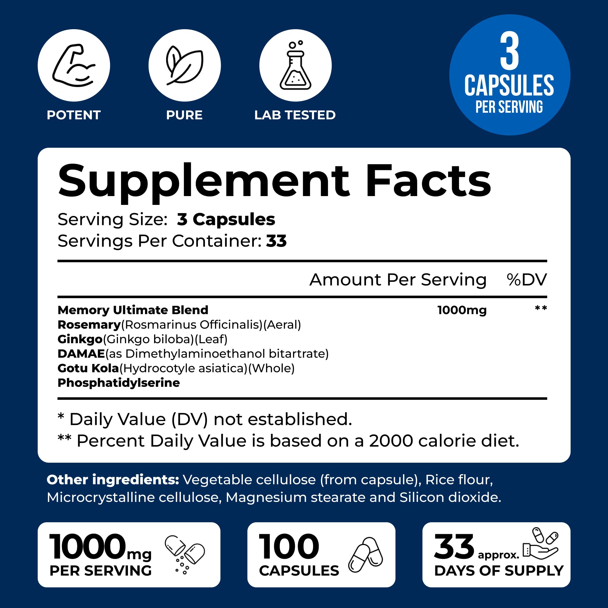We Like Vitamins Phosphatidylserine Supplement with Gingko Biloba, Gotu Kola, DMAE - Improves Focus, Memory, Cognitive Function - Soy-Free 1000mg Memory Ultimate Complex - 100 Easy-to-Swallow Capsules - TrustMedUSA