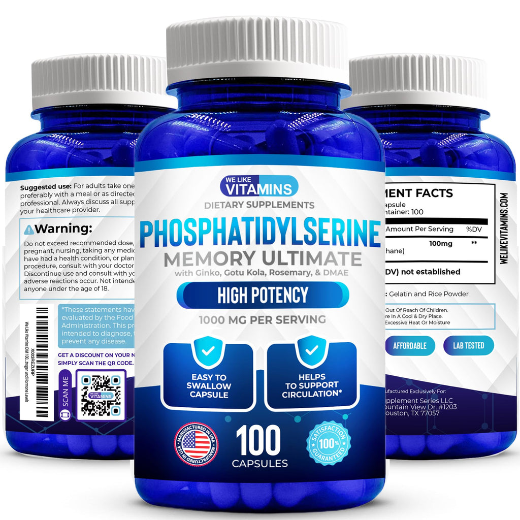 We Like Vitamins Phosphatidylserine Supplement with Gingko Biloba, Gotu Kola, DMAE - Improves Focus, Memory, Cognitive Function - Soy-Free 1000mg Memory Ultimate Complex - 100 Easy-to-Swallow Capsules - TrustMedUSA