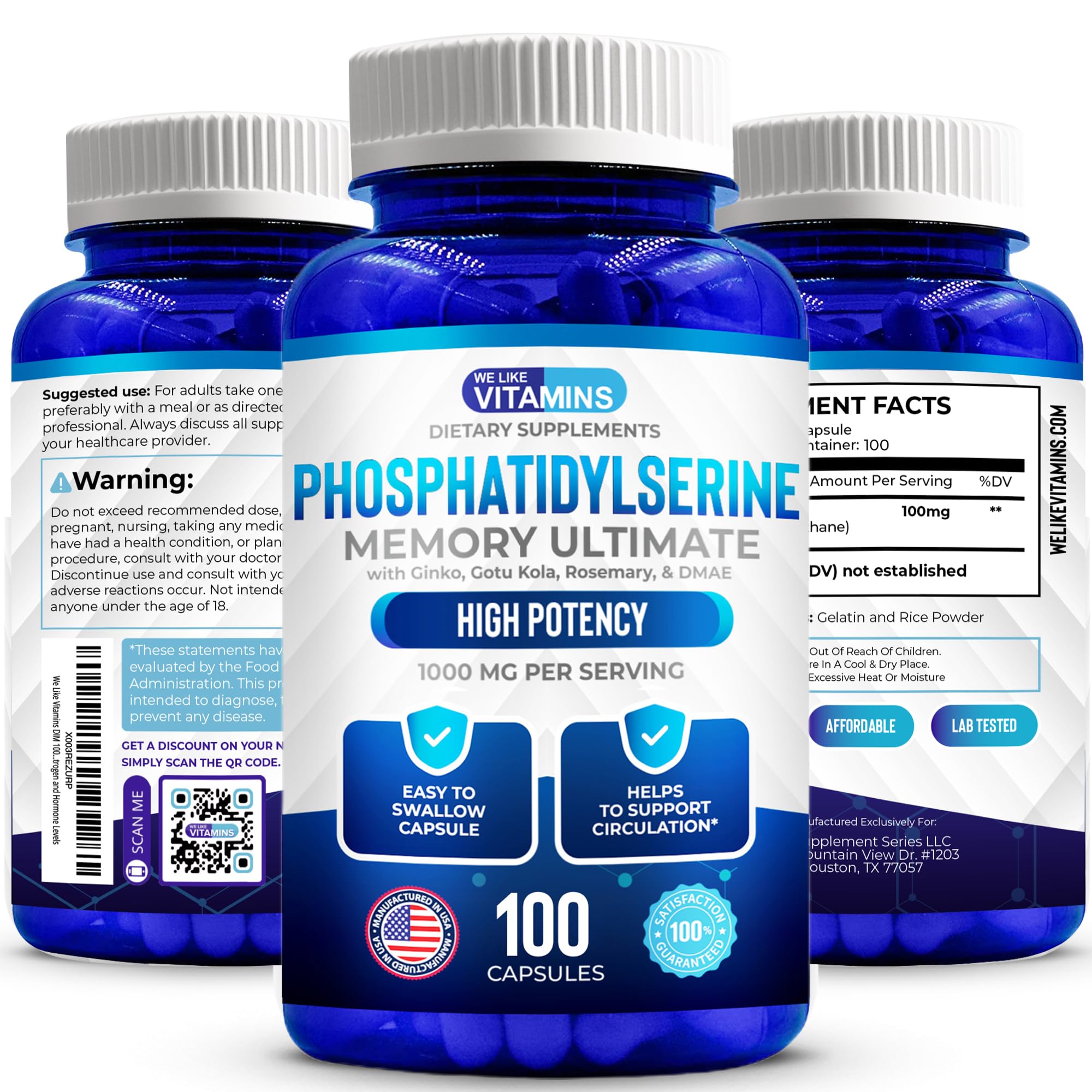We Like Vitamins Phosphatidylserine Supplement with Gingko Biloba, Gotu Kola, DMAE - Improves Focus, Memory, Cognitive Function - Soy-Free 1000mg Memory Ultimate Complex - 100 Easy-to-Swallow Capsules - TrustMedUSA
