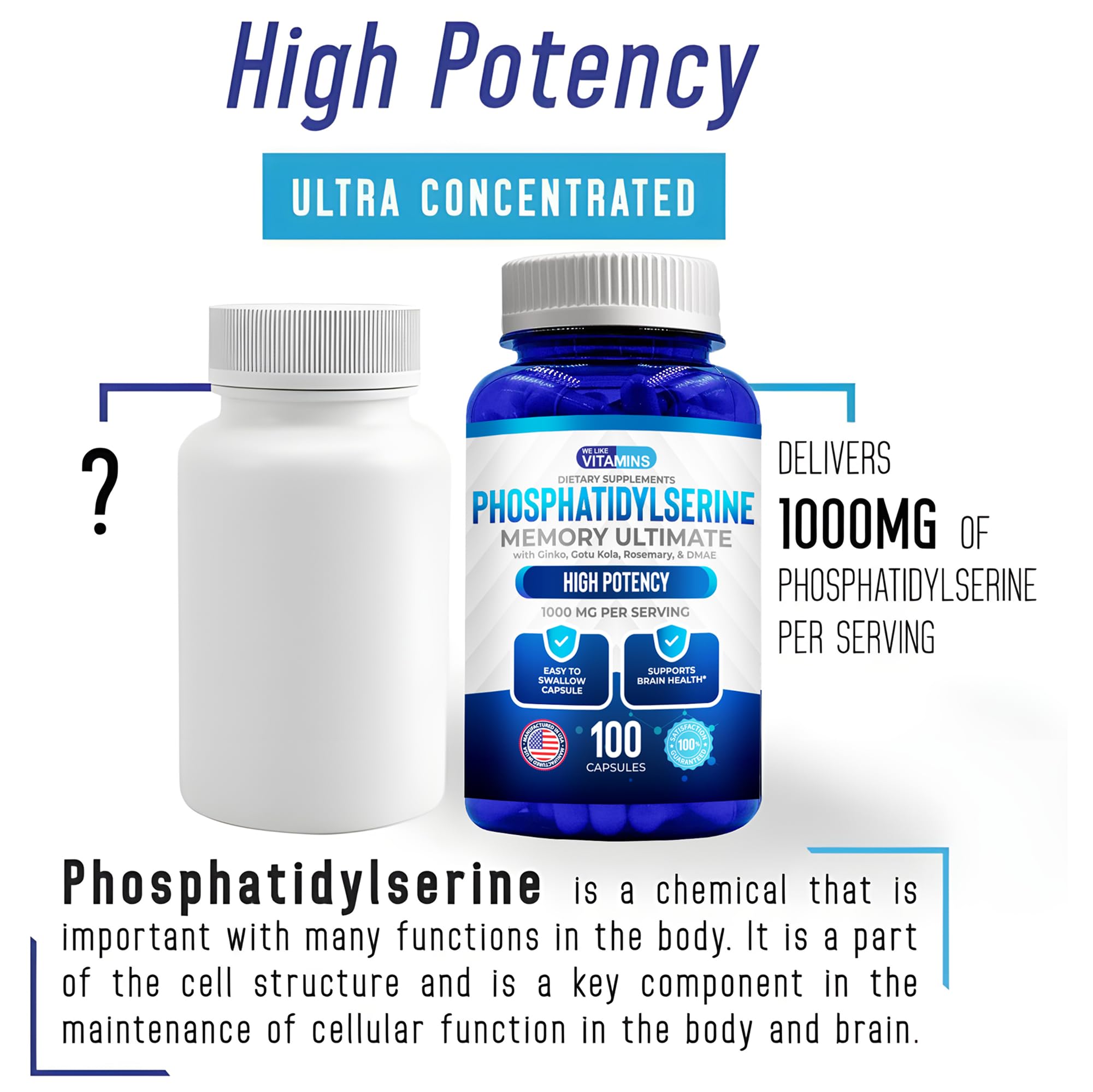 We Like Vitamins Phosphatidylserine Supplement with Gingko Biloba, Gotu Kola, DMAE - Improves Focus, Memory, Cognitive Function - Soy-Free 1000mg Memory Ultimate Complex - 100 Easy-to-Swallow Capsules - TrustMedUSA