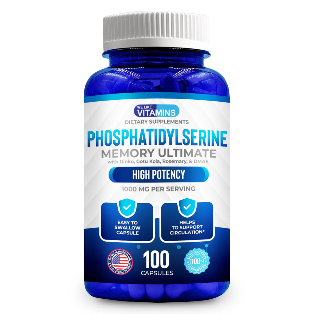 We Like Vitamins Phosphatidylserine Supplement with Gingko Biloba, Gotu Kola, DMAE - Improves Focus, Memory, Cognitive Function - Soy-Free 1000mg Memory Ultimate Complex - 100 Easy-to-Swallow Capsules - TrustMedUSA