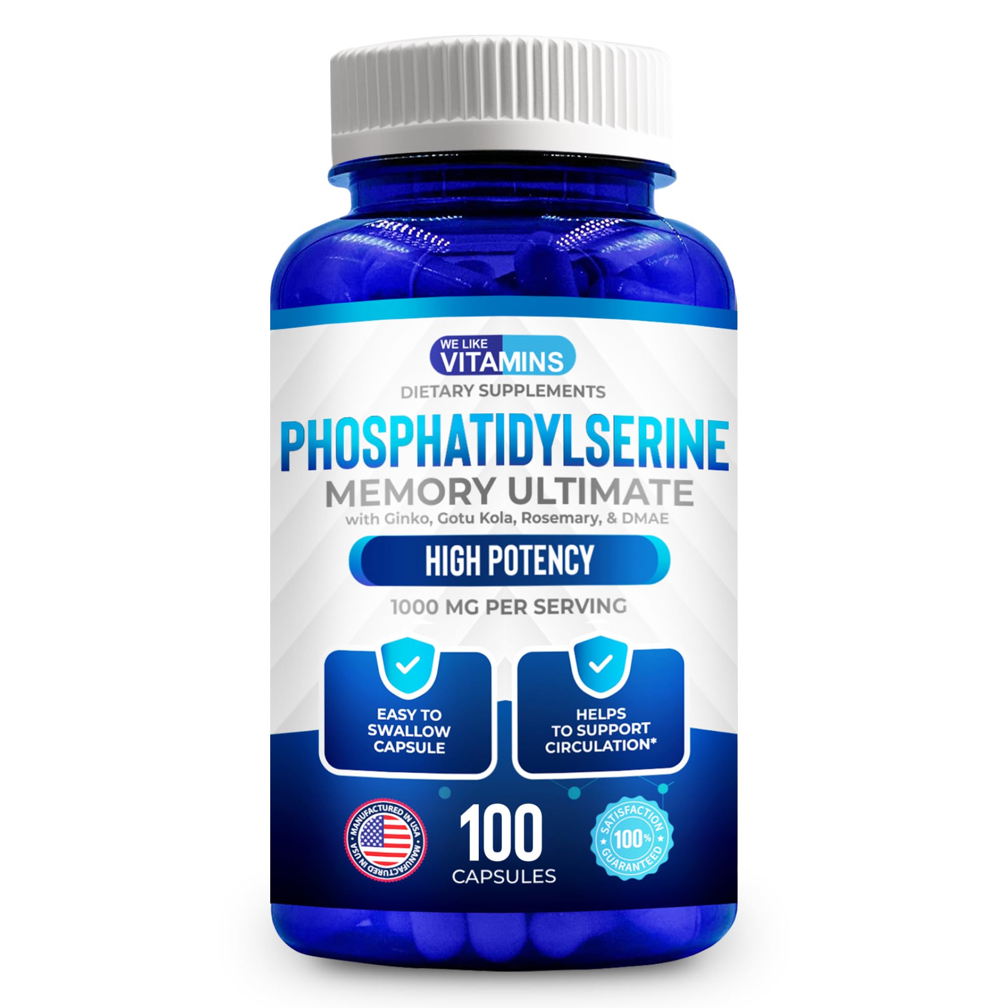 We Like Vitamins Phosphatidylserine Supplement with Gingko Biloba, Gotu Kola, DMAE - Improves Focus, Memory, Cognitive Function - Soy-Free 1000mg Memory Ultimate Complex - 100 Easy-to-Swallow Capsules - TrustMedUSA