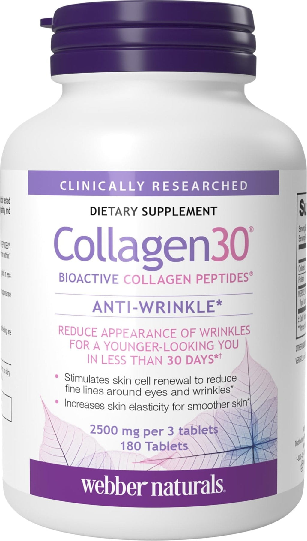 Webber Naturals Collagen30 Anti-Wrinkle, 2,500mg of Bioactive Collagen Peptides Per Serving (3 Tablets), 180 Tablets, Helps Reduce Deep Wrinkles, Fine Lines, Non GMO, Dairy, Gluten Free - Maple Wellness Supplements