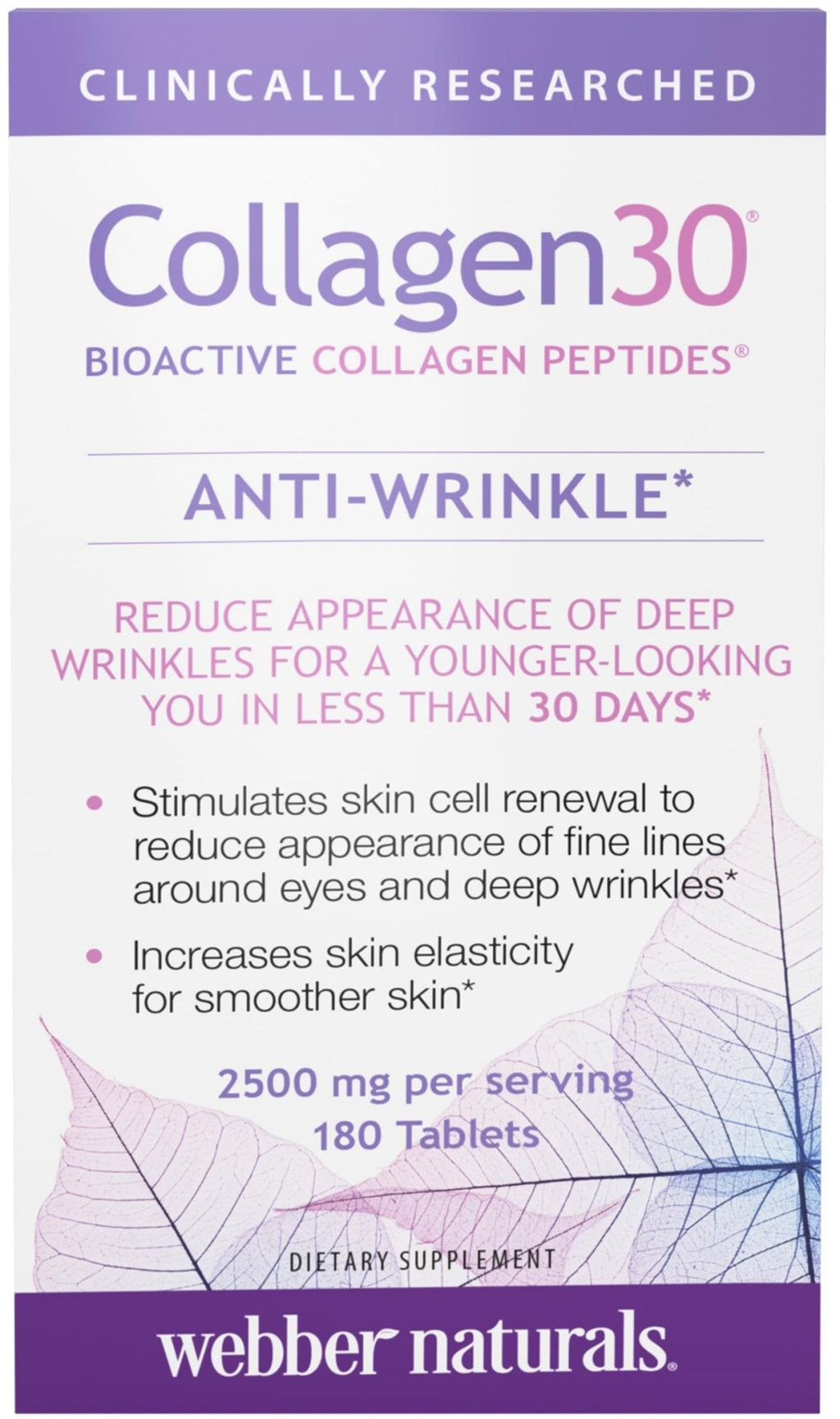 Webber Naturals Collagen30 Anti-Wrinkle, 2,500mg of Bioactive Collagen Peptides Per Serving (3 Tablets), 180 Tablets, Helps Reduce Deep Wrinkles, Fine Lines, Non GMO, Dairy, Gluten Free - Maple Wellness Supplements