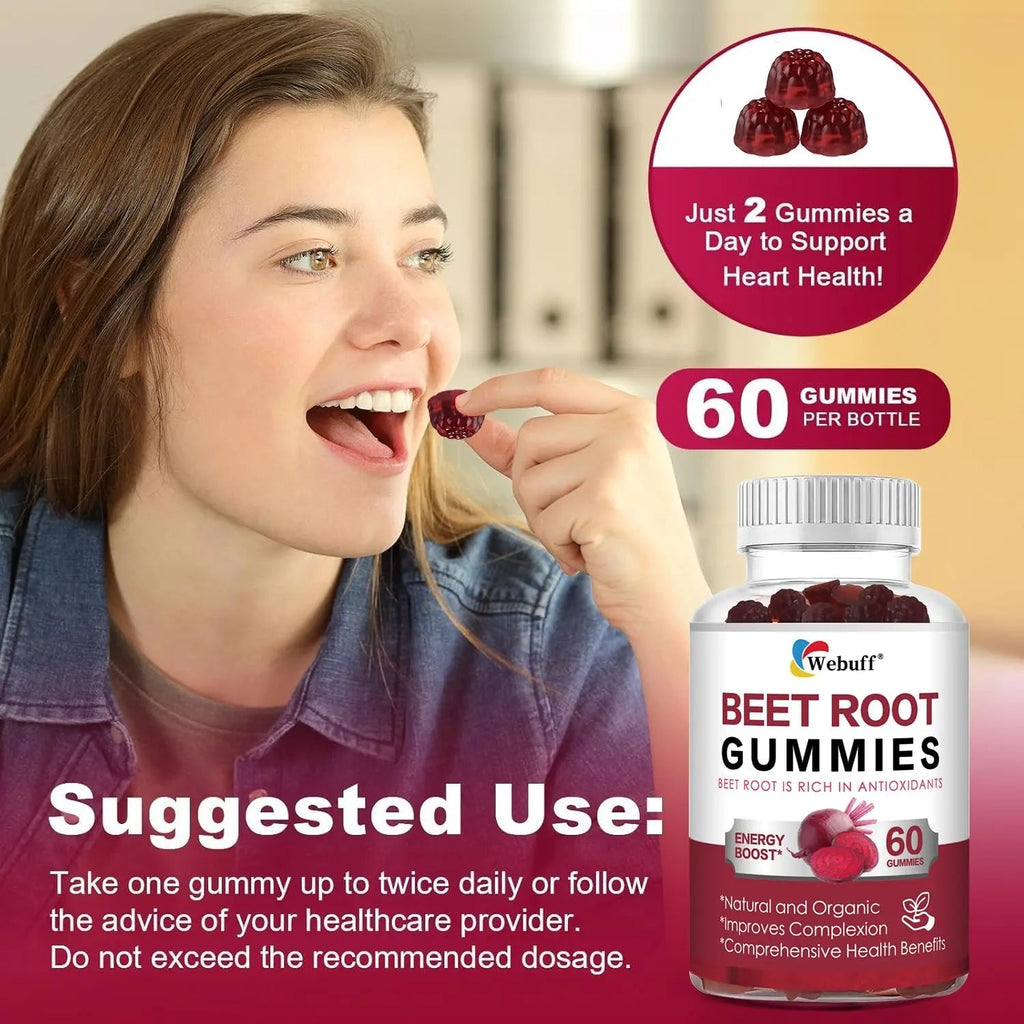 Webuff Beet Root Gummies - Nitric Oxide Booster with Organic Beet, Pomegranate & Grape Seed, Vitamin B12 - Energy, Circulation & Heart Health Support, Vegan, Non-GMO, 60 Count (Pack of 1) - TrustMedUSA