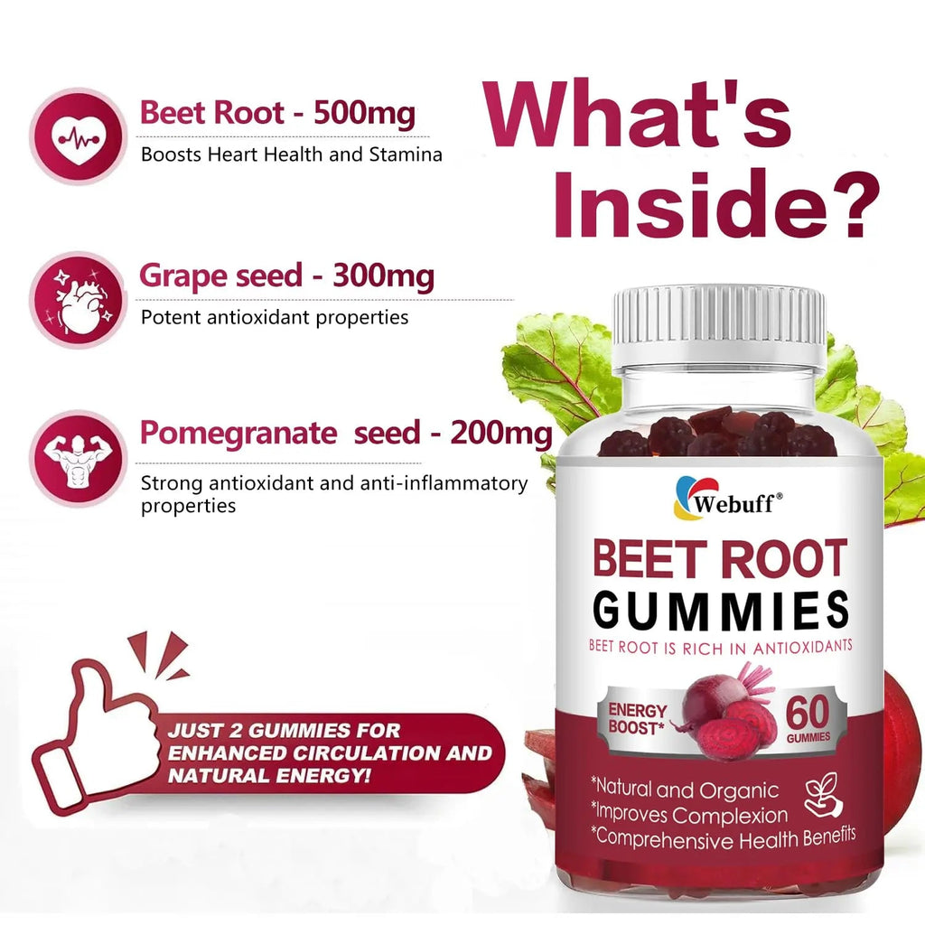 Webuff Beet Root Gummies - Nitric Oxide Booster with Organic Beet, Pomegranate & Grape Seed, Vitamin B12 - Energy, Circulation & Heart Health Support, Vegan, Non-GMO, 60 Count (Pack of 1) - TrustMedUSA
