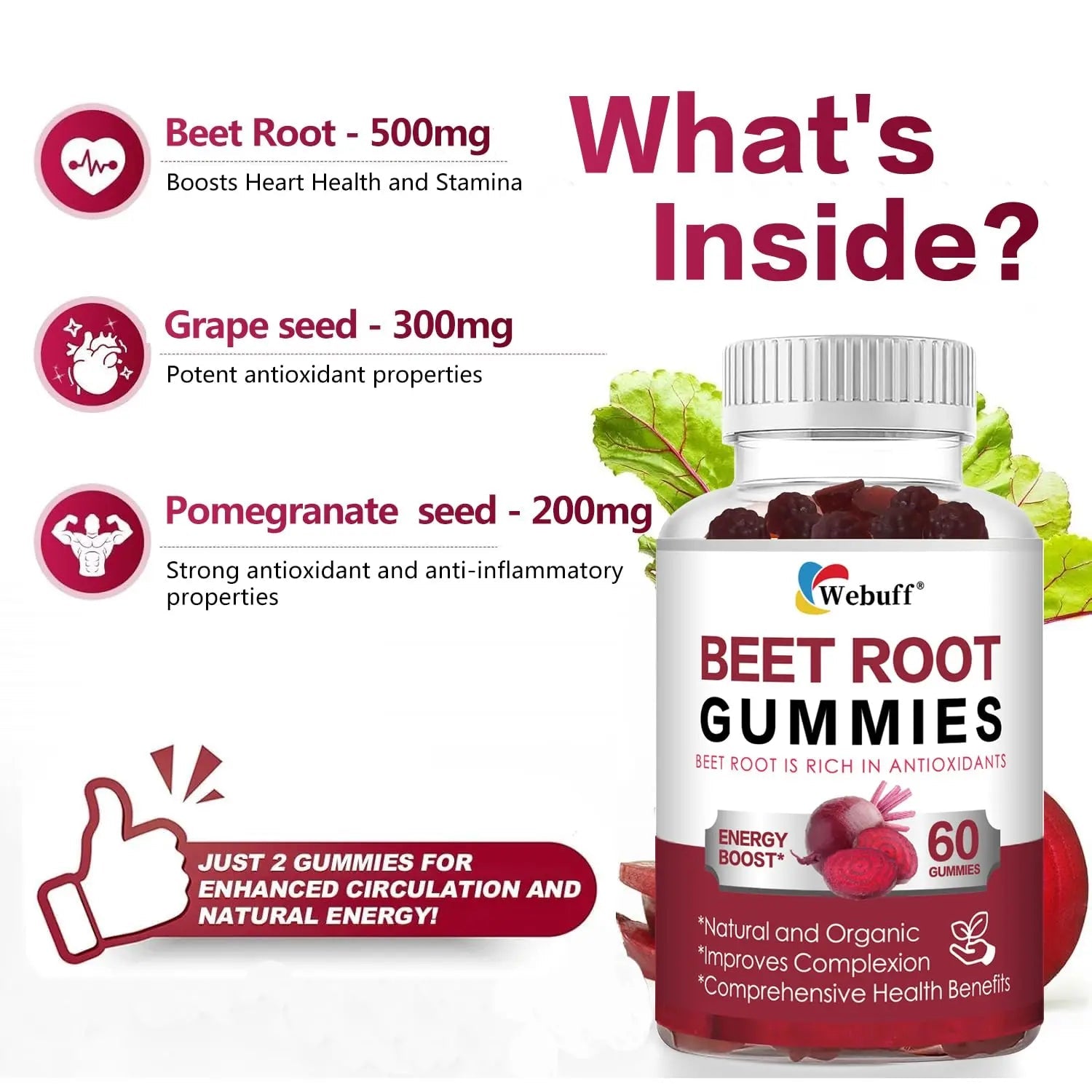 Webuff Beet Root Gummies - Nitric Oxide Booster with Organic Beet, Pomegranate & Grape Seed, Vitamin B12 - Energy, Circulation & Heart Health Support, Vegan, Non-GMO, 60 Count (Pack of 1) - TrustMedUSA